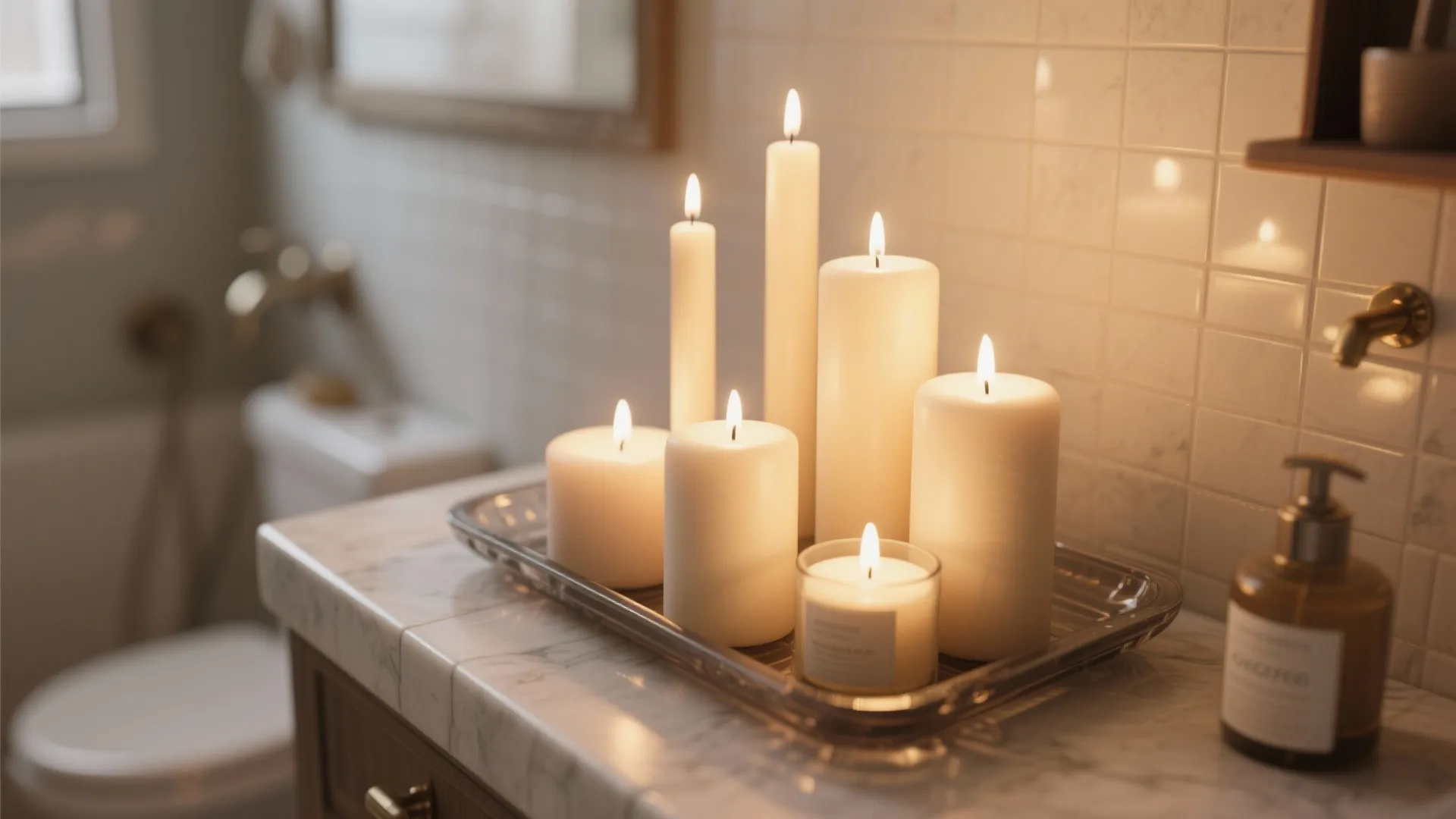 Candles of mixed heights on a tray in a bathroom corner