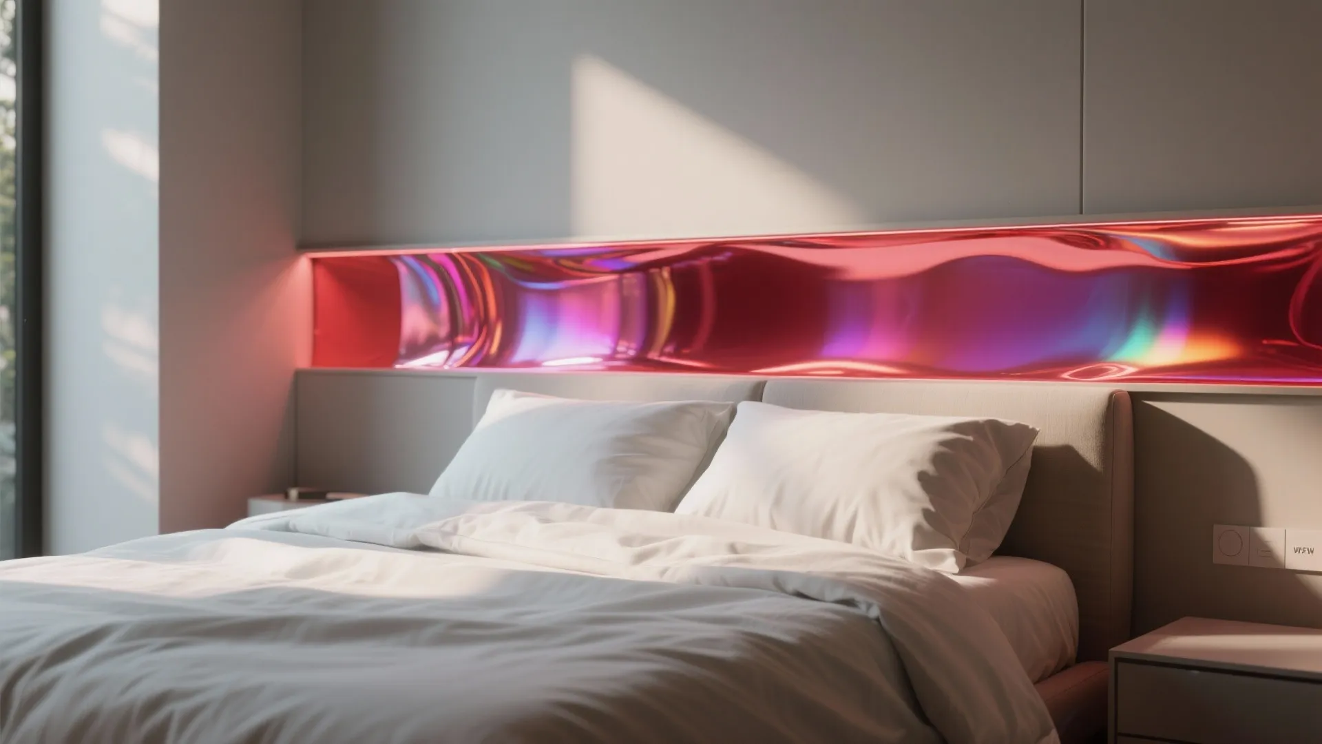 Modern bedroom featuring a white bed with pillows and a shiny pink iridescent wall panel