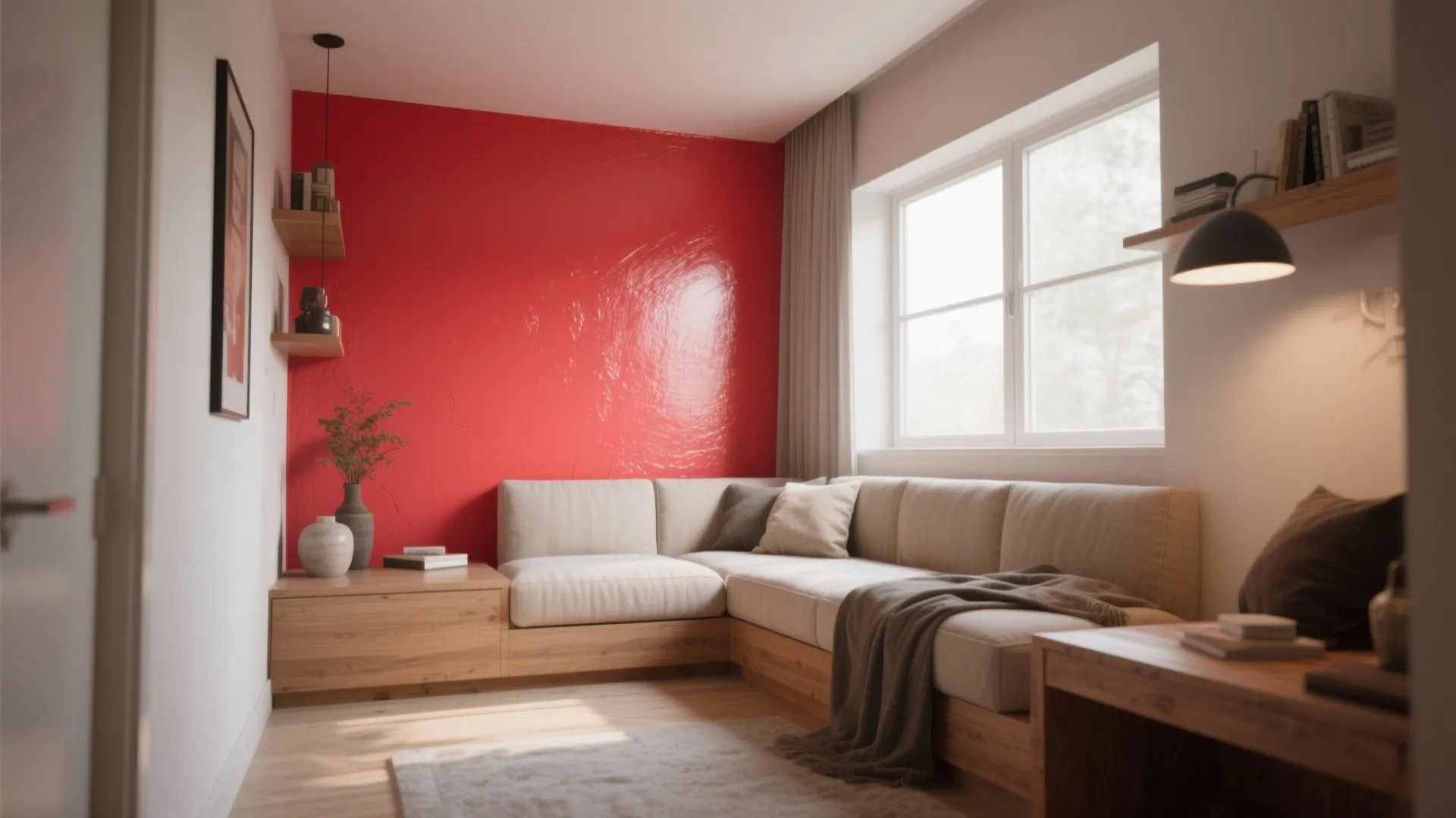 Compact living nook with a single candy-apple red accent wall in satin finish paired with neutral textiles.