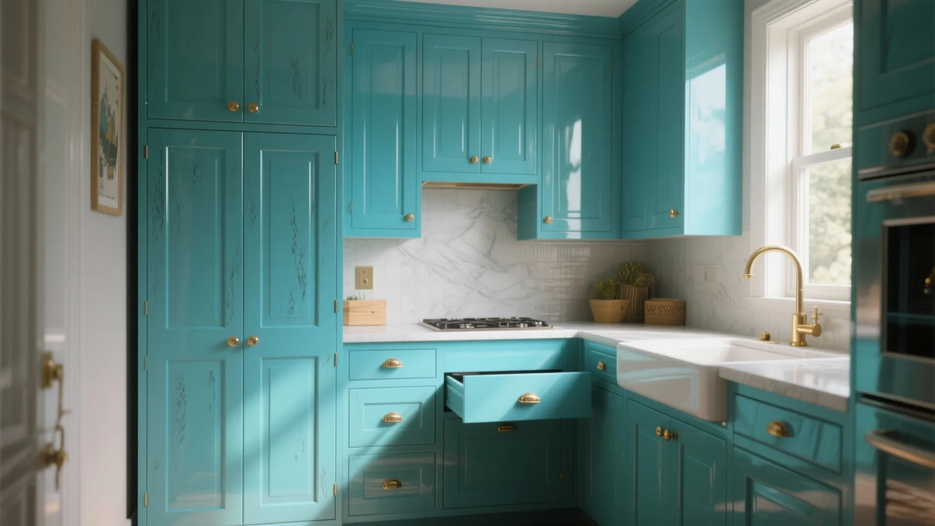 Glossy translucent candy-finish shaker kitchen cabinets in deep jewel-blue with brass hardware and soft daylight highlights.