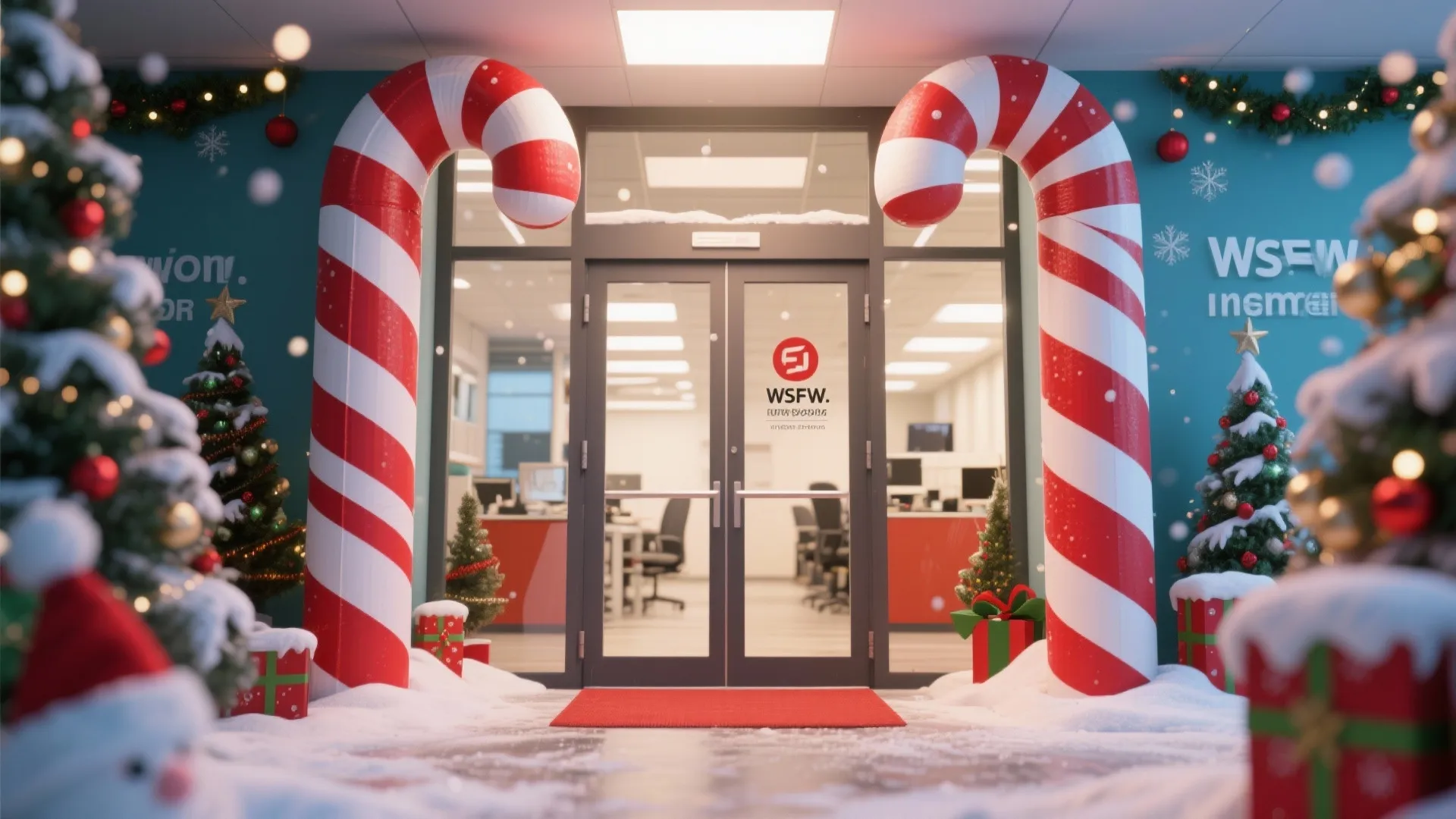 Office entrance decorated with large inflatable candy canes Christmas trees and red floor mat for holidays