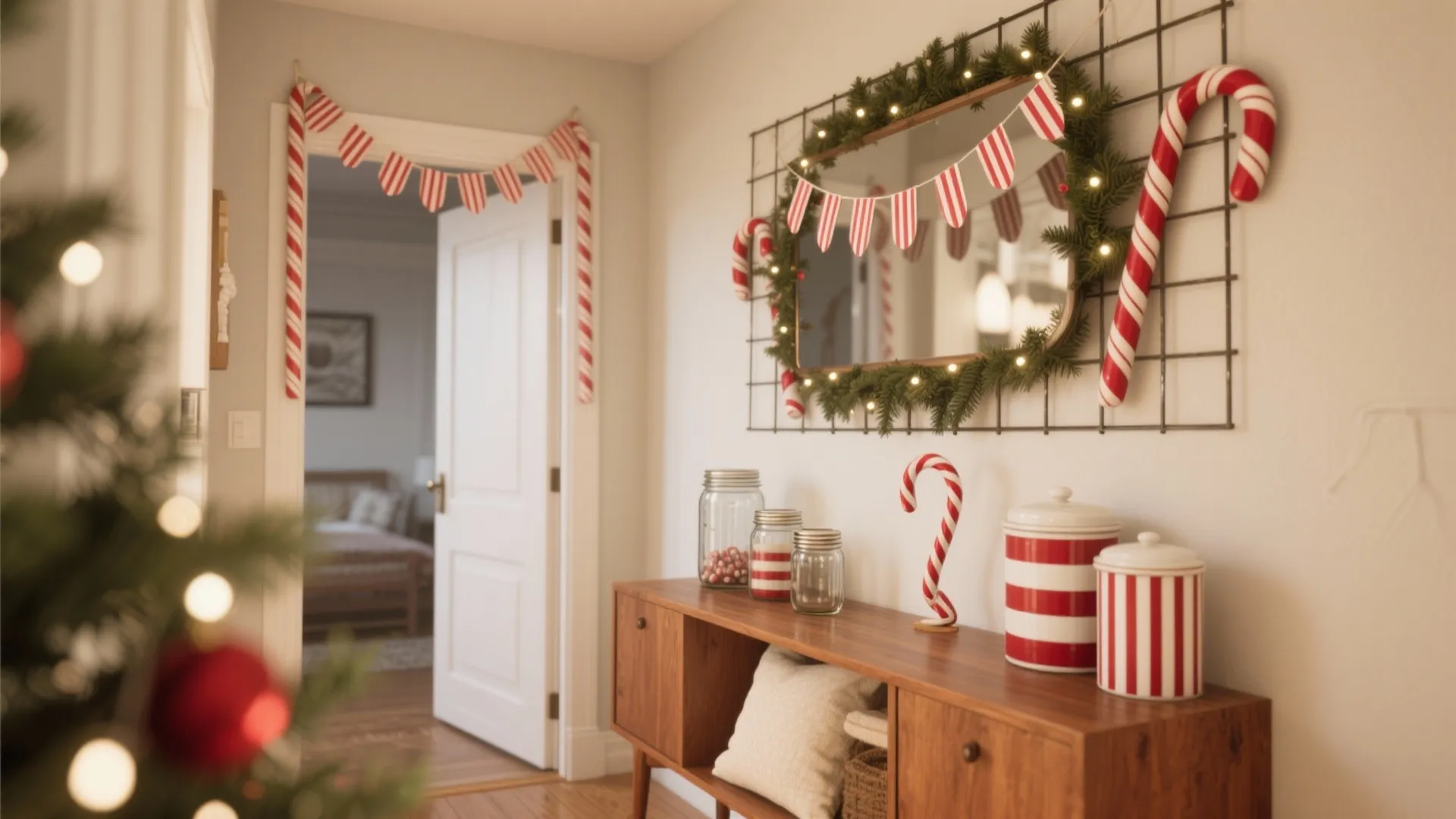 Home entryway decorated with candy canes and a mirror with green garland plus wooden storage