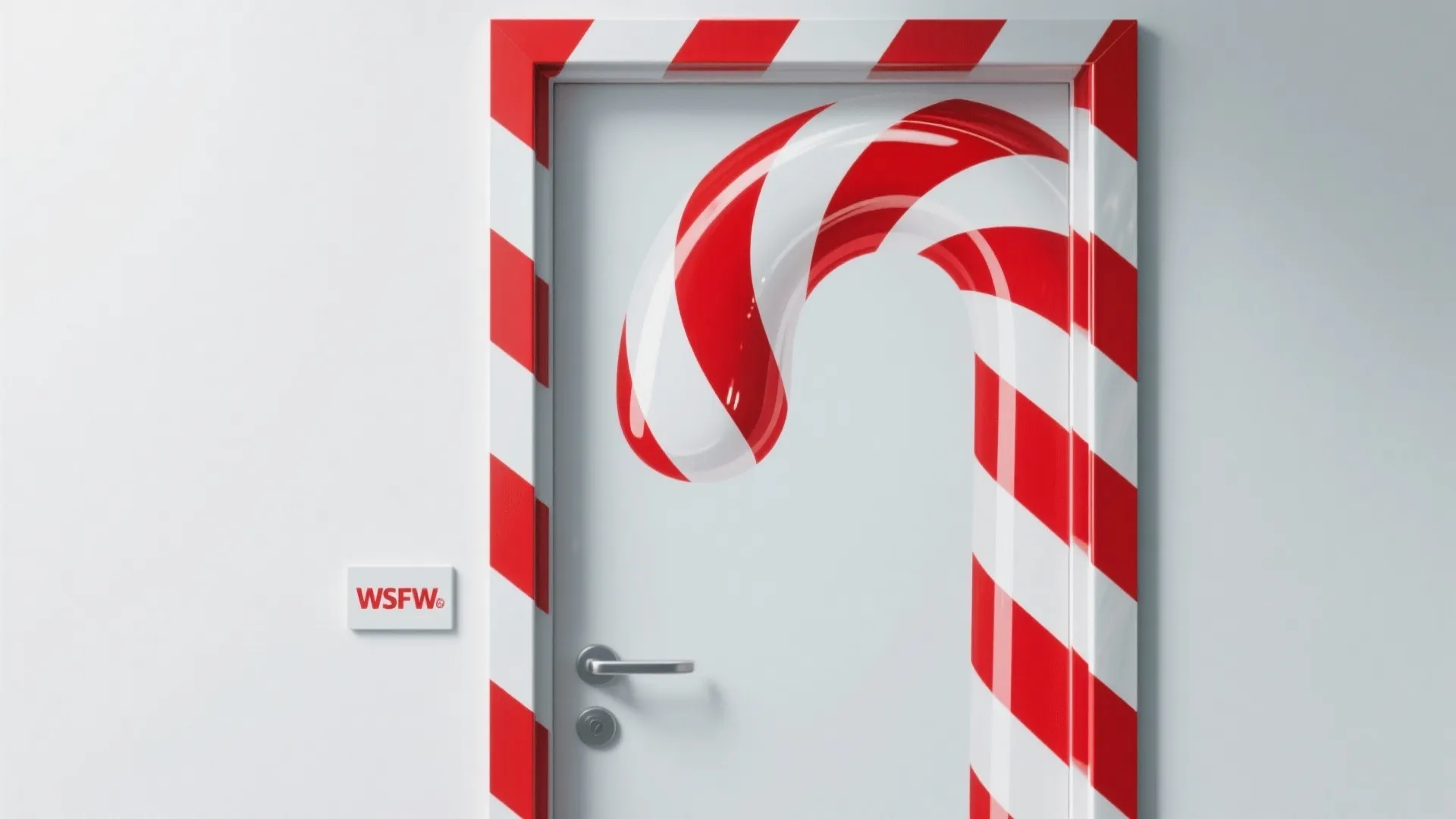 Modern white office door with red and white striped candy cane frame and matching sticker