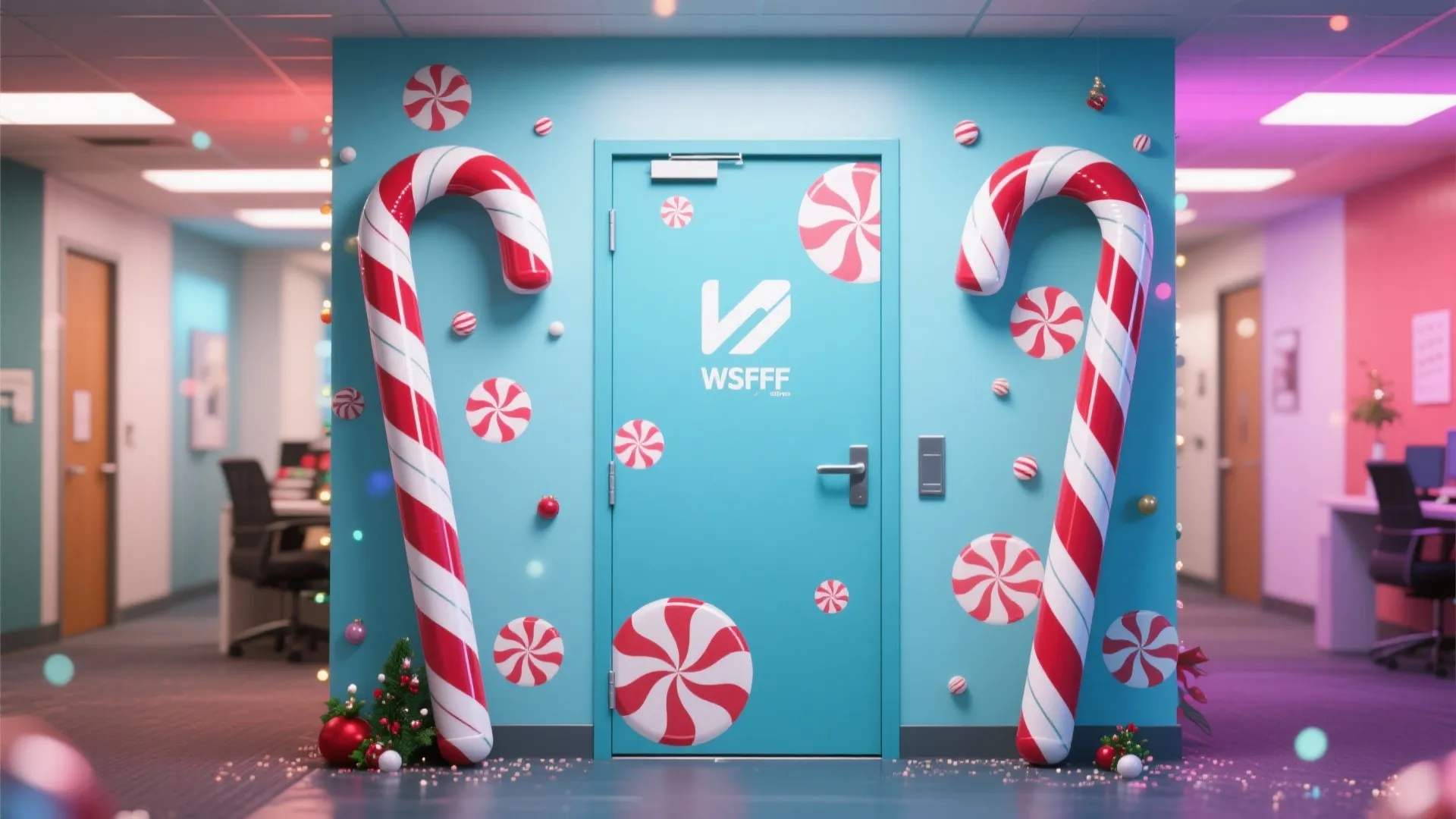 Blue office door decorated with two large candy canes and several red white peppermint stickers