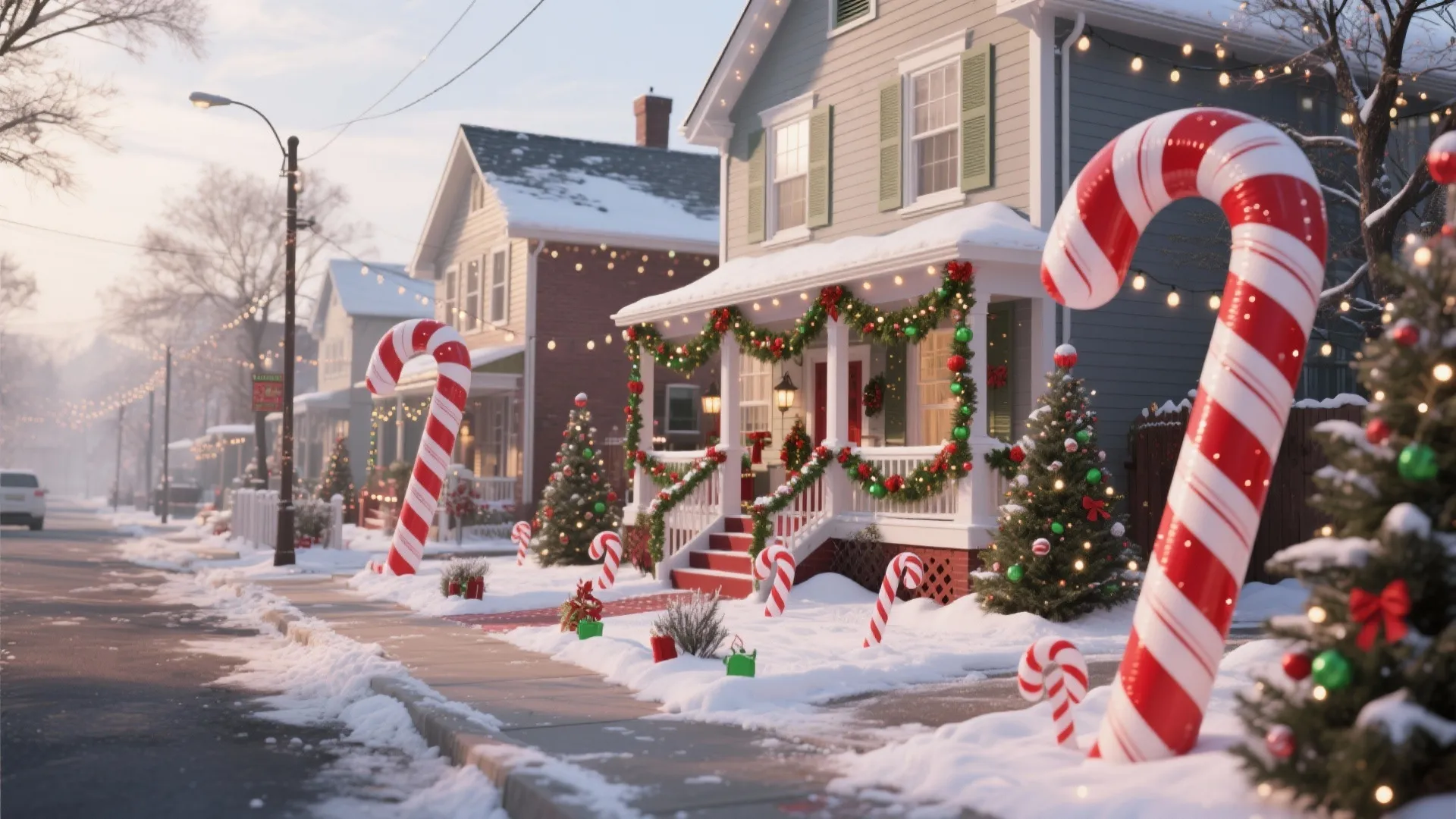 Street view of residential houses decorated with Christmas lights and large red white candy canes
