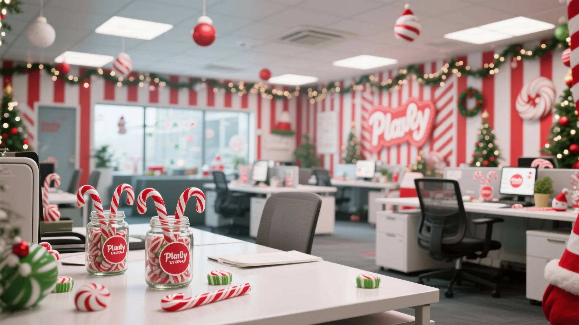 Festive office workspace decorated with red white candy cane stripes Christmas ornaments and small green trees