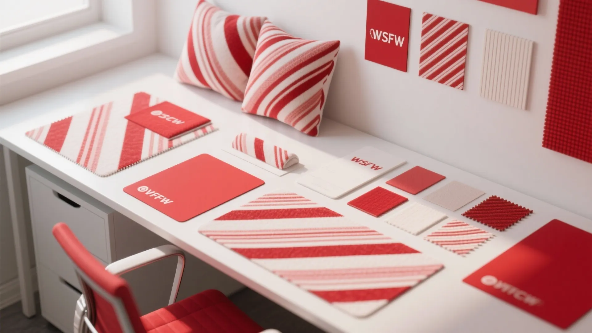 Flat lay of red and white striped fabrics and holiday decor samples