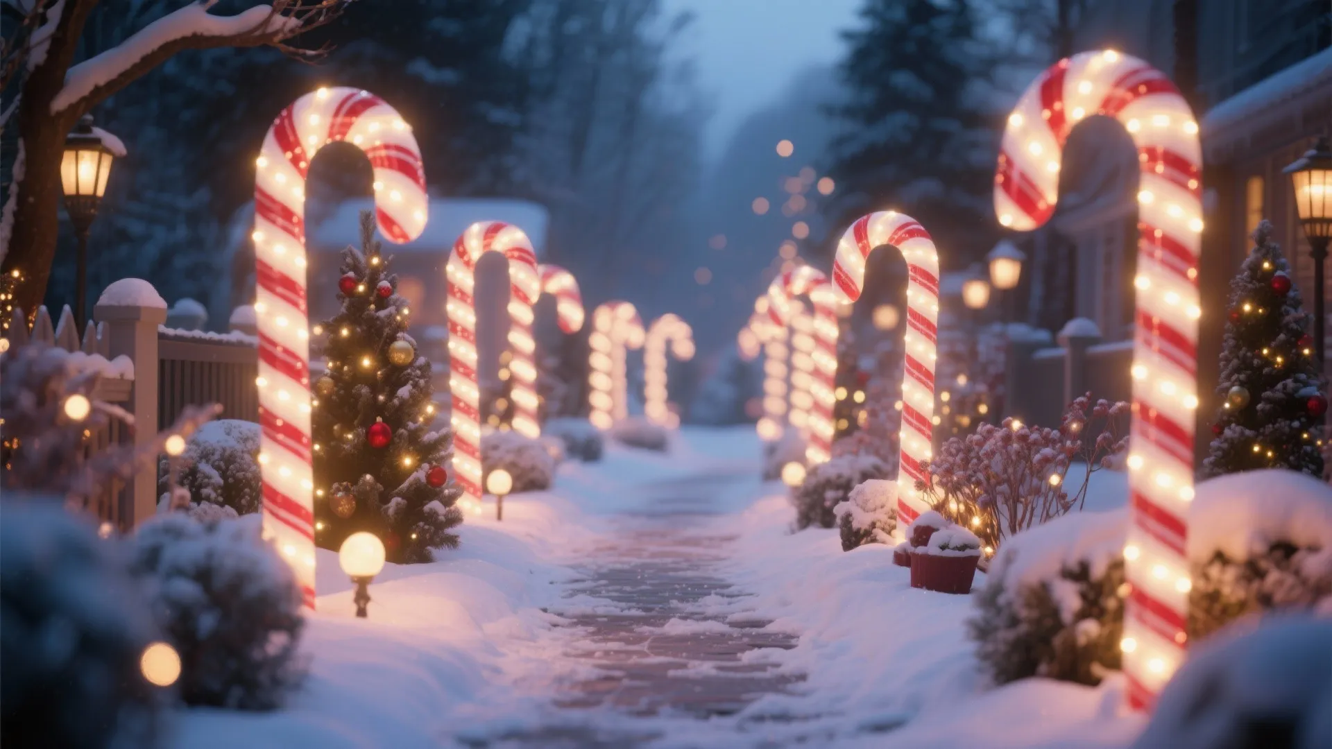 Snowy walkway lined with glowing red and white candy canes and several decorated small Christmas trees