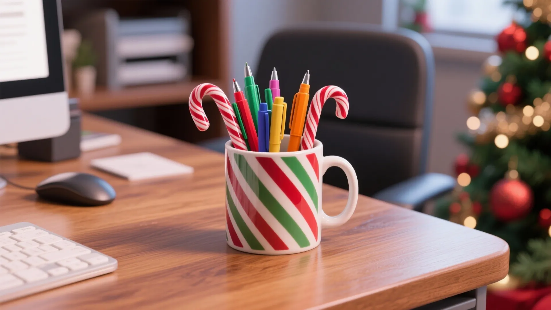 Striped mug holding colorful pens and candy canes on wooden desk near a Christmas tree