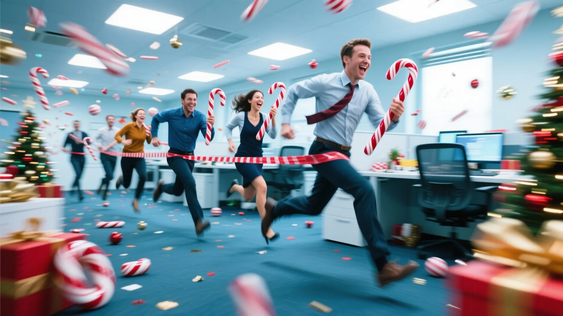 Excited office workers running a relay race while holding large candy canes during Christmas event