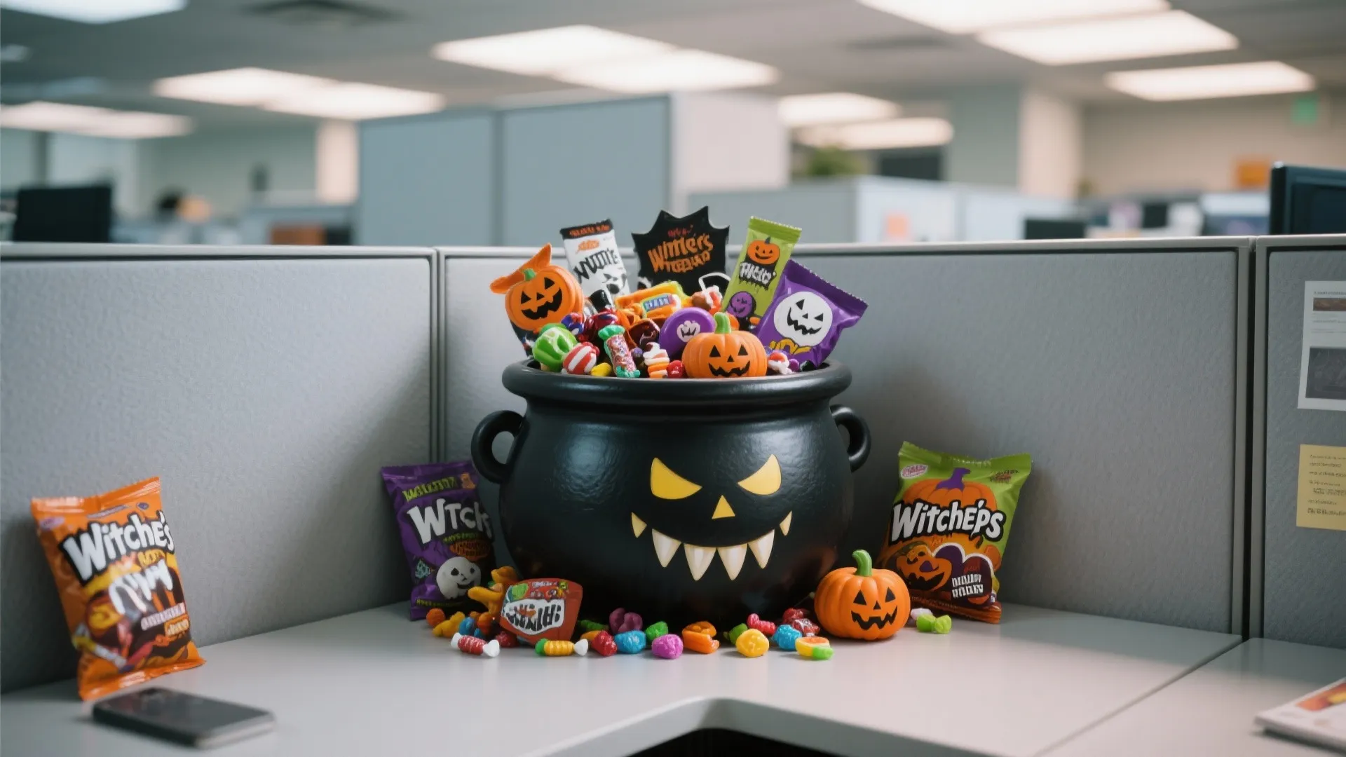 Black pot filled with Halloween candy and pumpkin decorations placed on a grey office desk