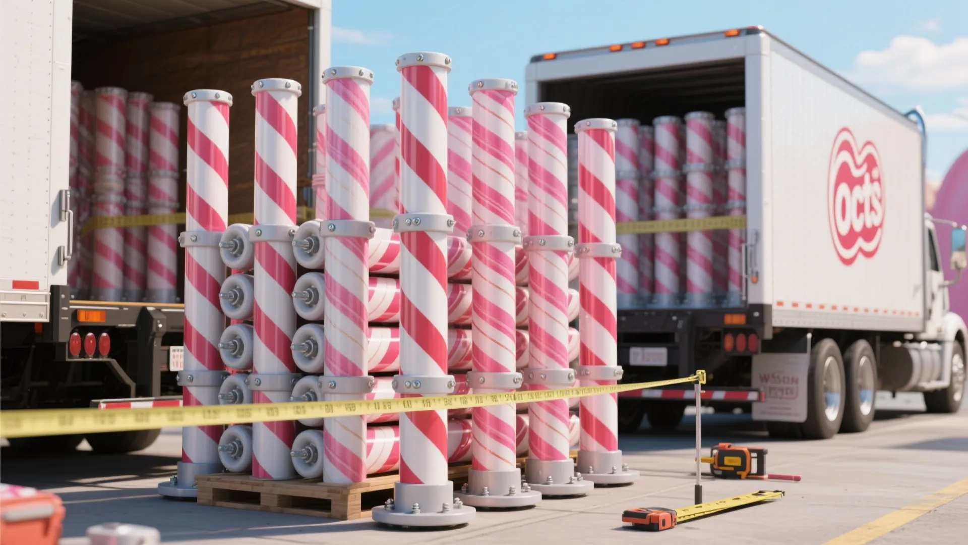 Red and white striped decorative columns stacked on a wooden pallet near a large truck