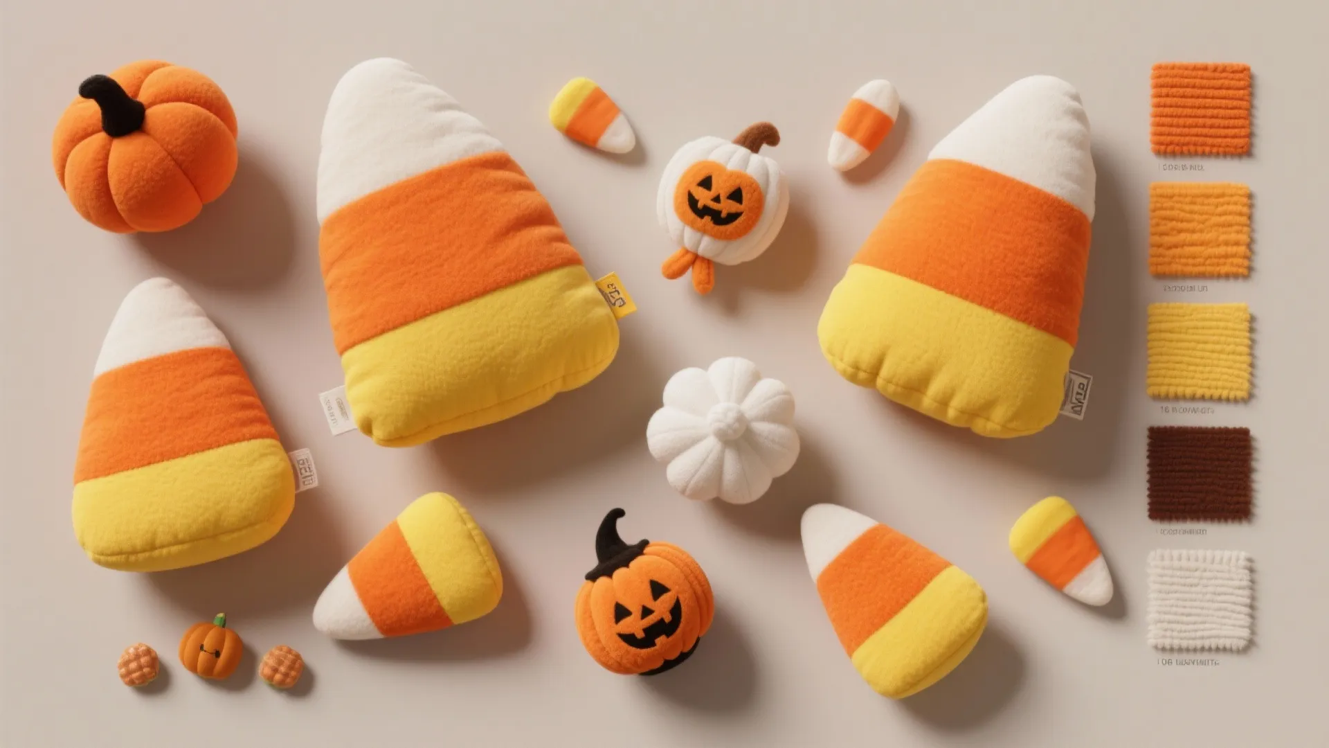 Soft candy corn pillows and small plush pumpkins on a flat surface with colorful fabric samples
