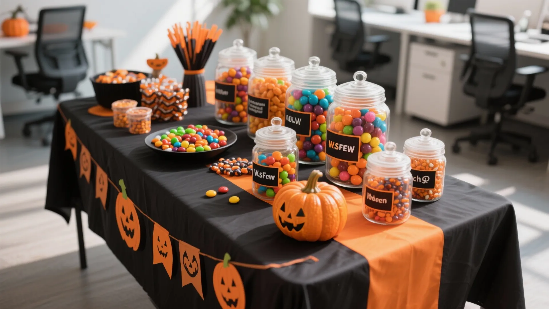 Halloween candy station on a table with black cloth orange runner glass jars and pumpkins