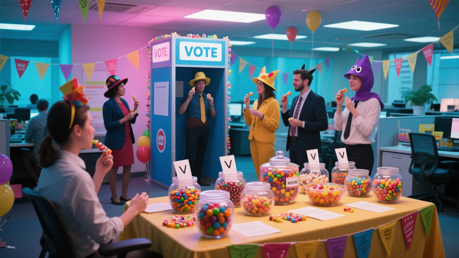 People in costumes stand near a candy table and blue vote booth in decorated office