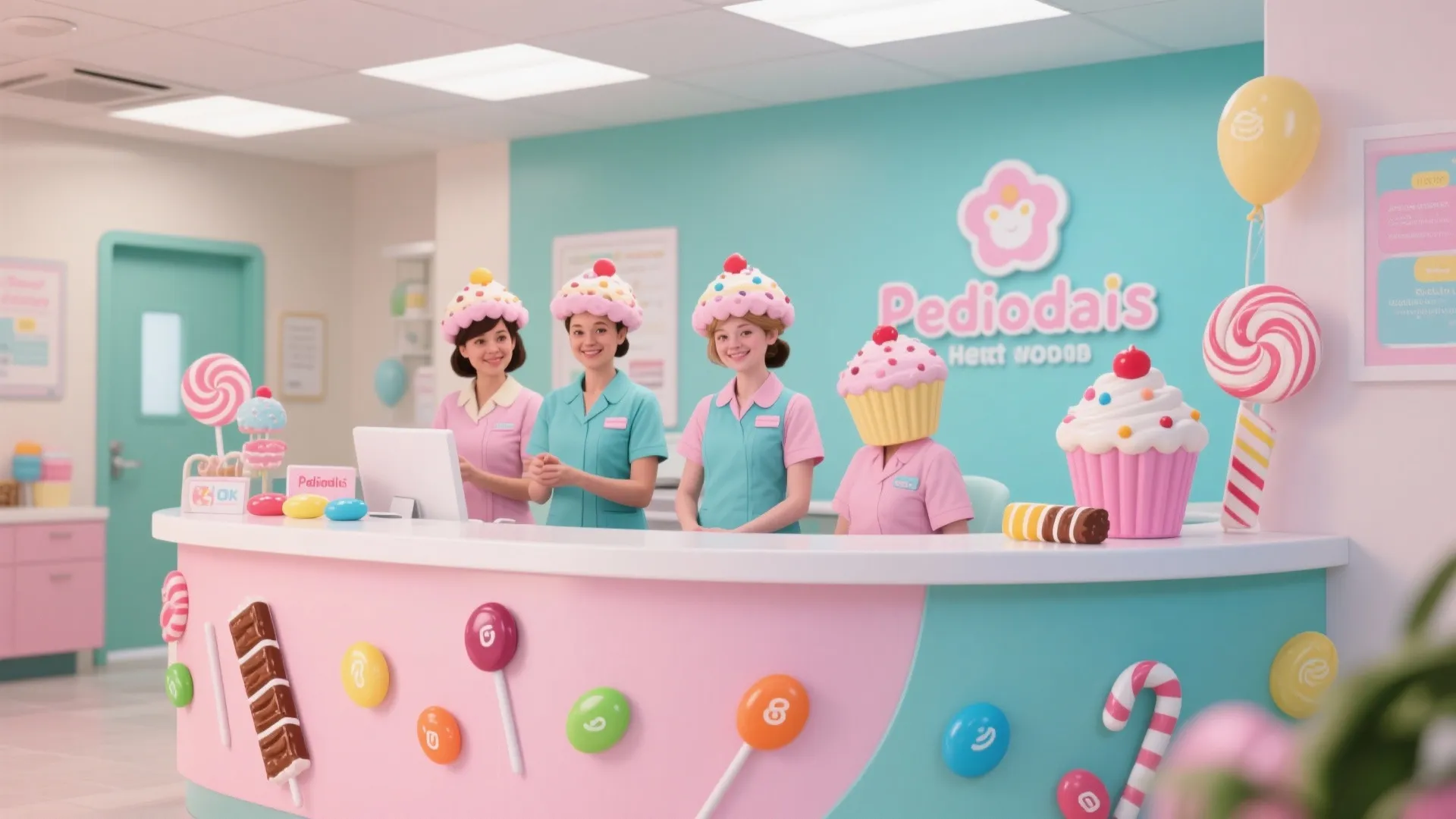 Reception area with staff wearing pink cupcake hats behind a desk decorated with colorful candy