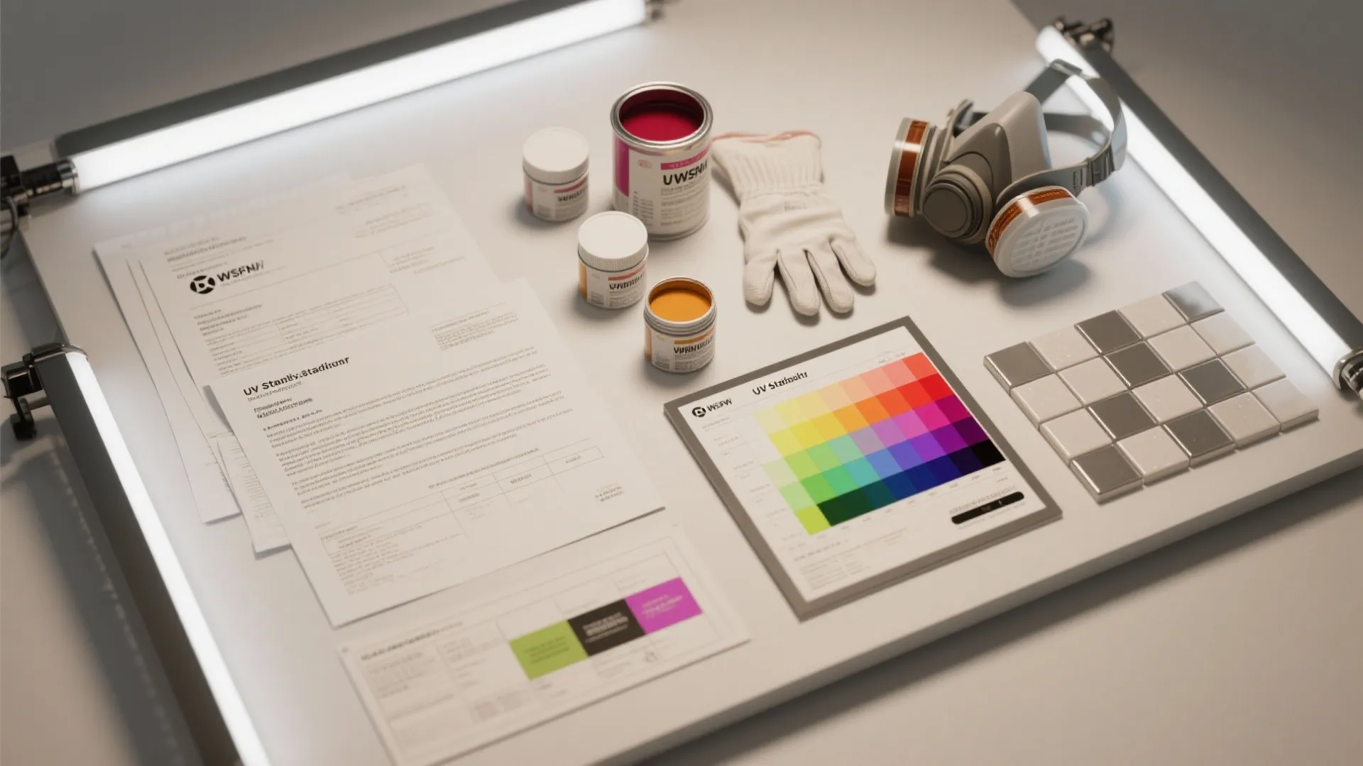 Flatlay of generic technical sheets, sample pots, and a UV stability chart illustrating candy-finish considerations.