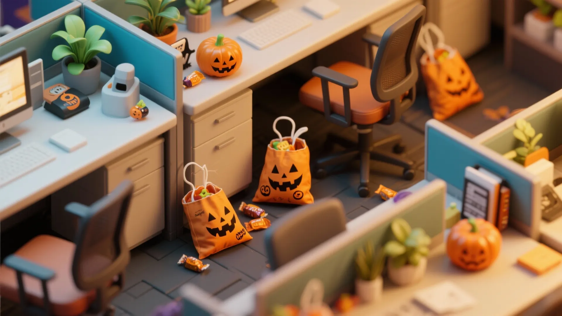 Halloween treat bags with pumpkin faces and scattered candies on the floor of modern office