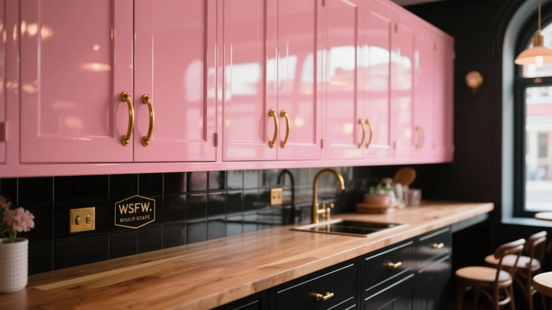 2. Candy Pink Cabinets with Brass Hardware