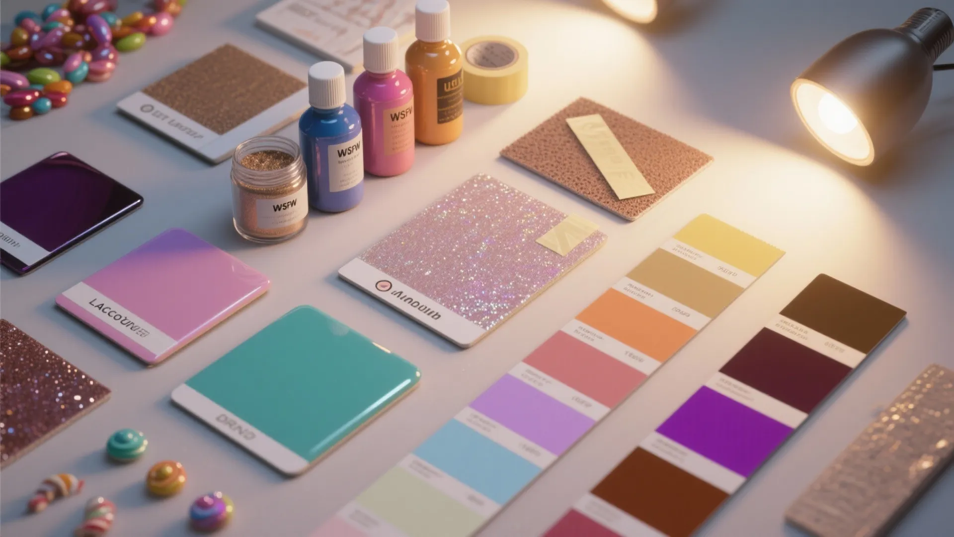 Flatlay of lacquer test panels, mica powders, epoxy bottles and swatches used to test candy finishes under different lights.