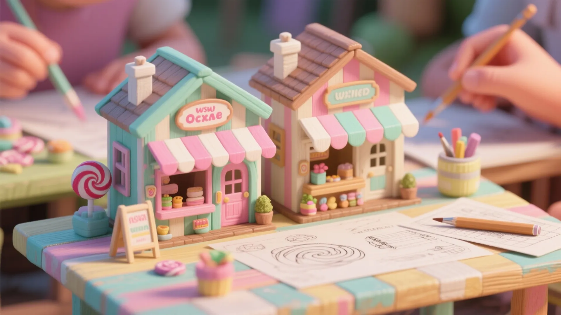 3. Candy-Striped Tiny Shops