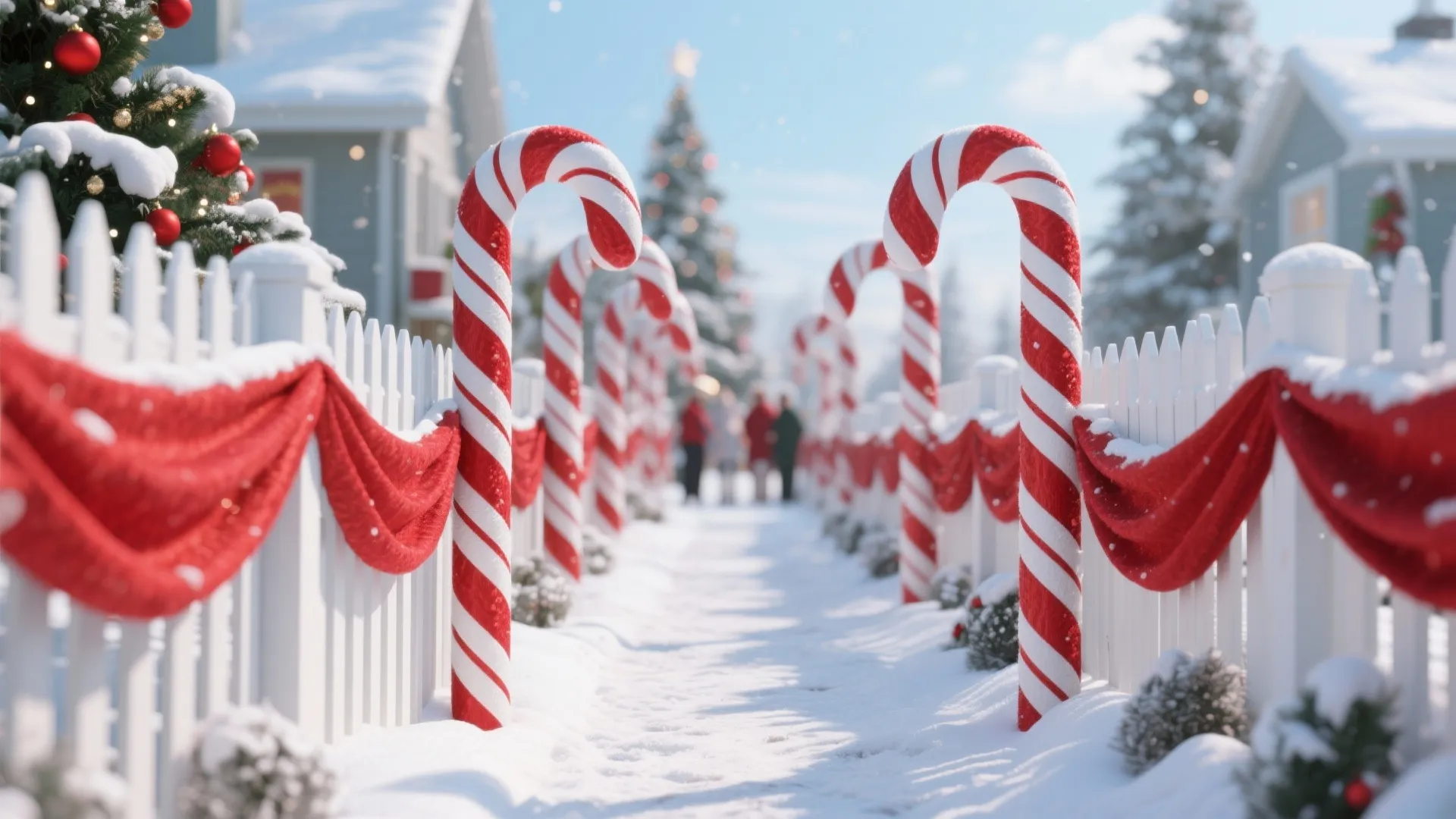 Snowy pathway lined with giant red and white candy canes and white picket fence decorations