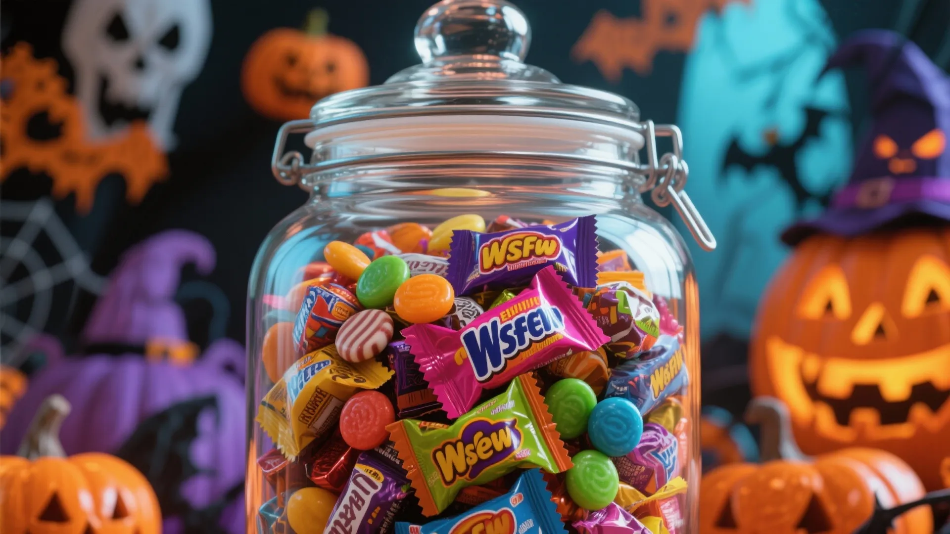 Clear glass jar filled with colorful candies with halloween pumpkins and spooky decorations in background