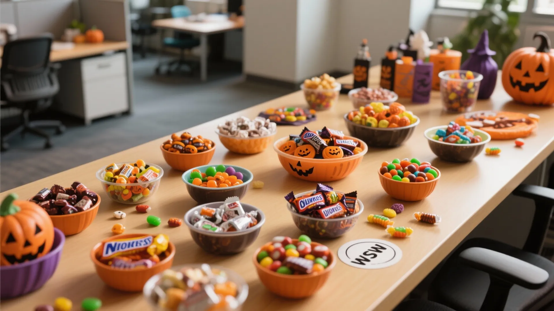 Office table filled with various bowls of colorful Halloween candy and pumpkin decorations for staff
