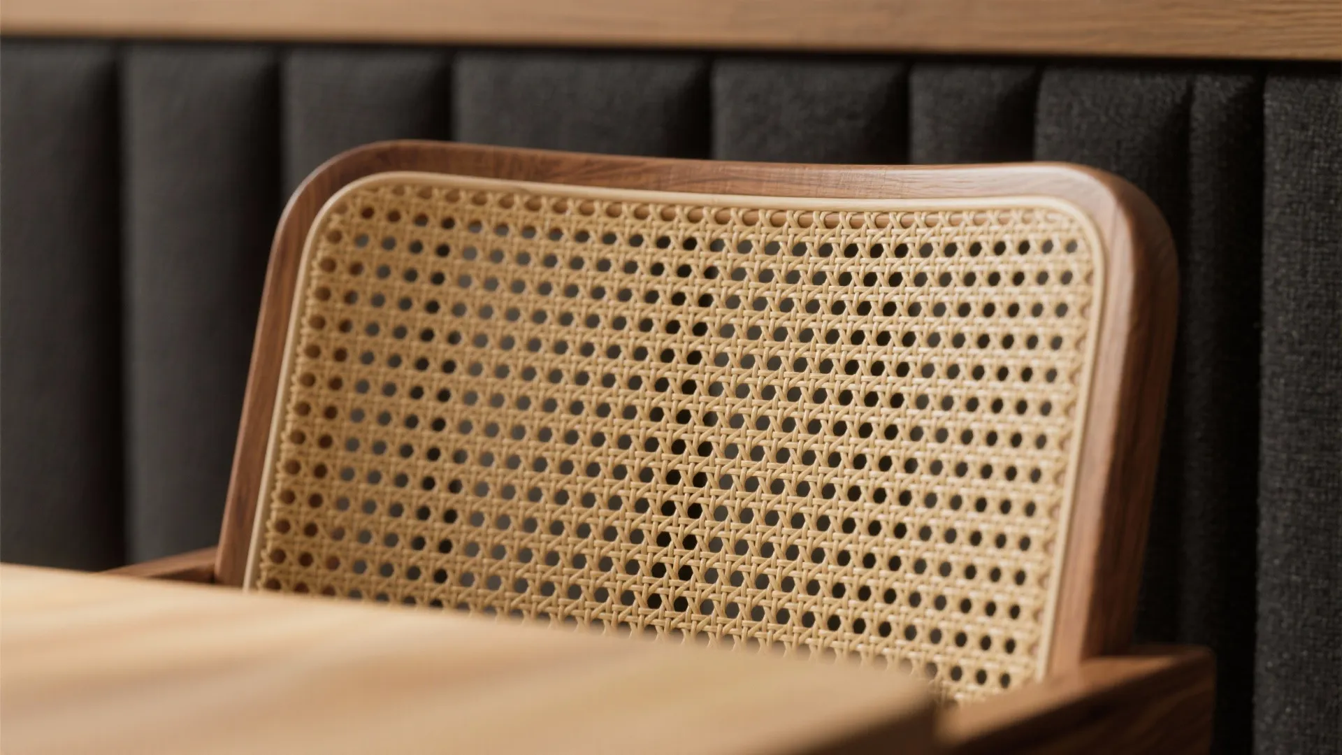 Close up of a woven chair back with a wooden frame against dark fabric background