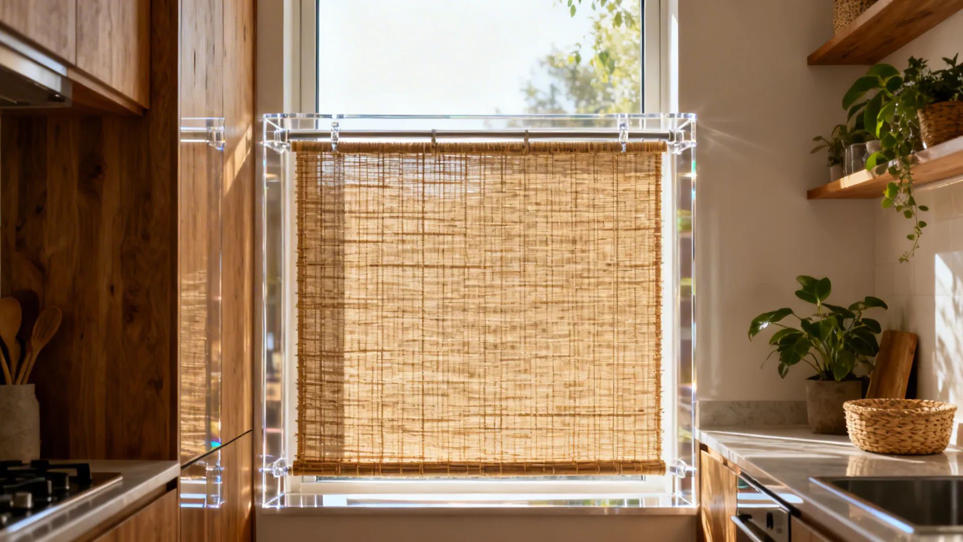 Cafe-height cane blinds with clear acrylic rails in a warm, narrow kitchen.