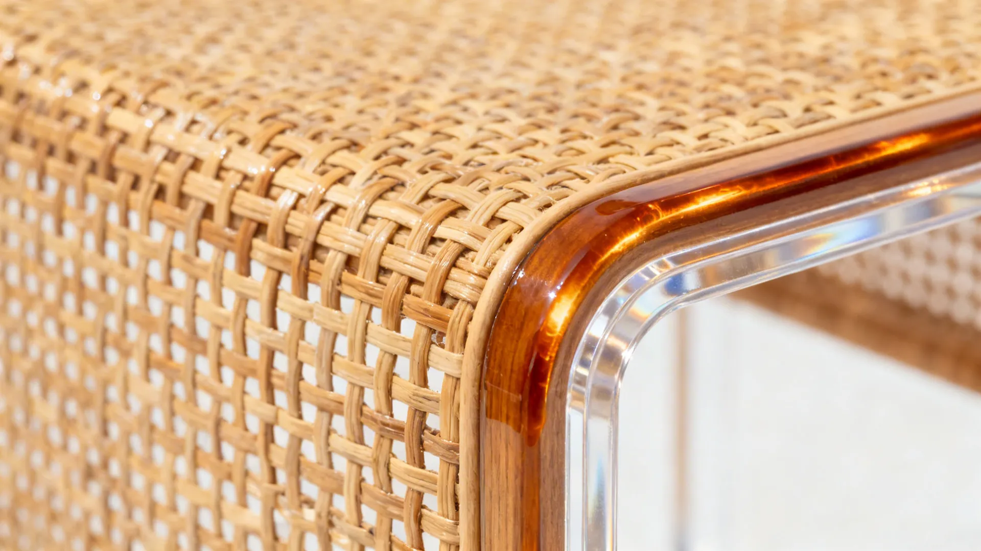 Close-up of sealed cane webbing beside a smooth flame-polished acrylic edge.