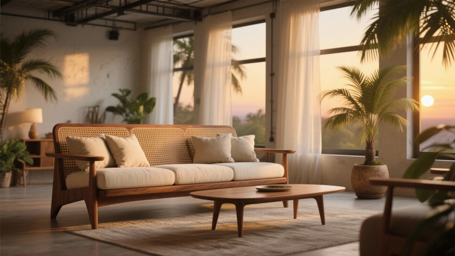 Cane-backed wooden sofa for airy texture