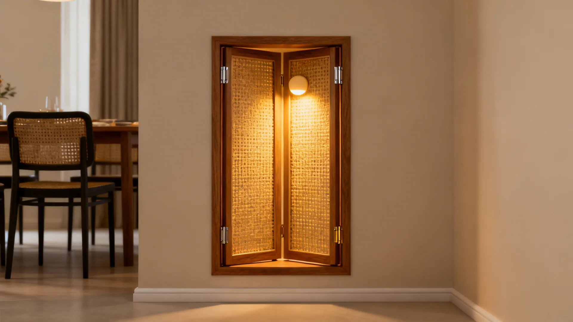 Bi-fold wooden pooja doors with handwoven cane panels softly glowing with warm light.