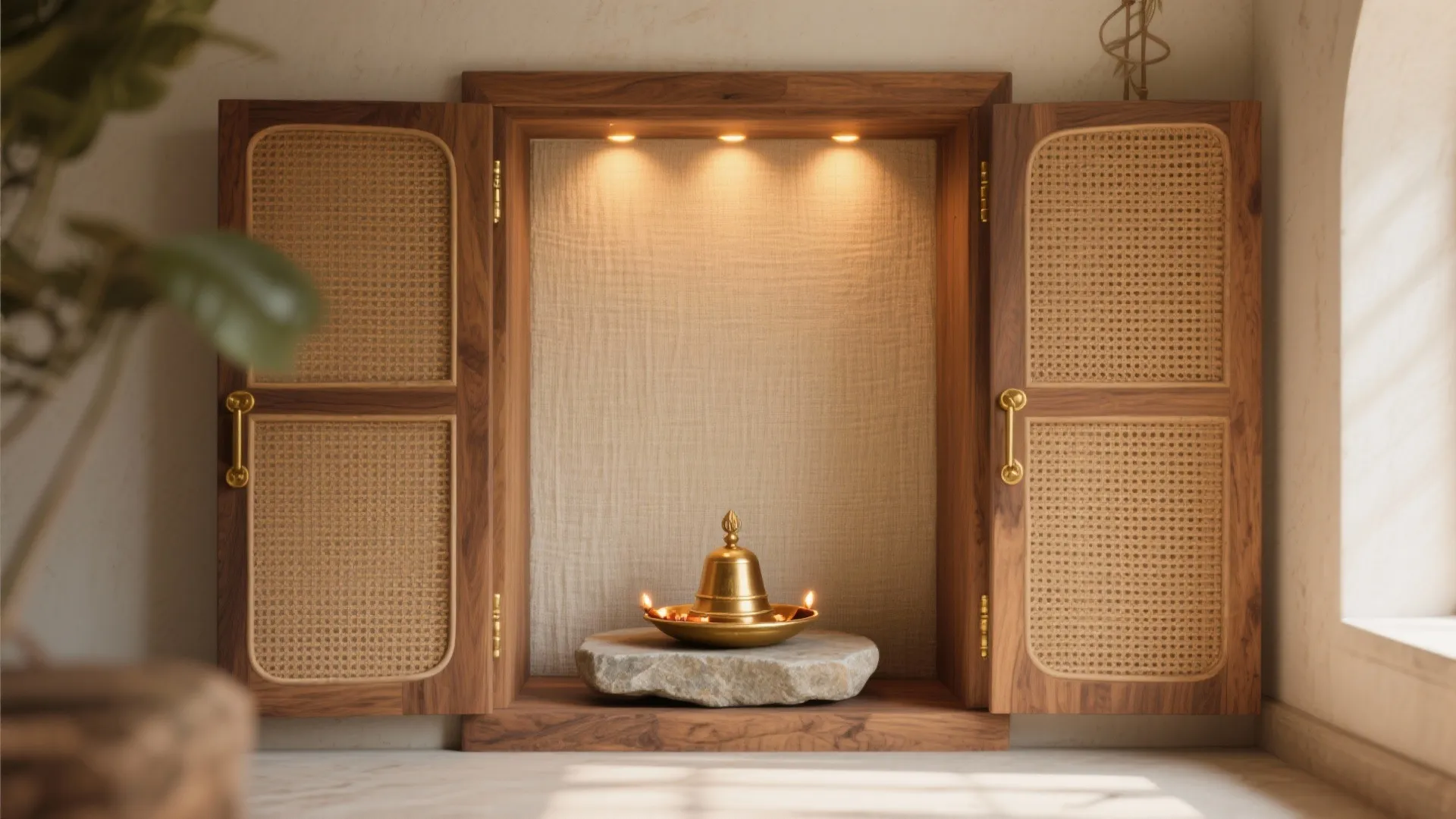 Rustic-Modern Wooden Mandir With Cane and Brass