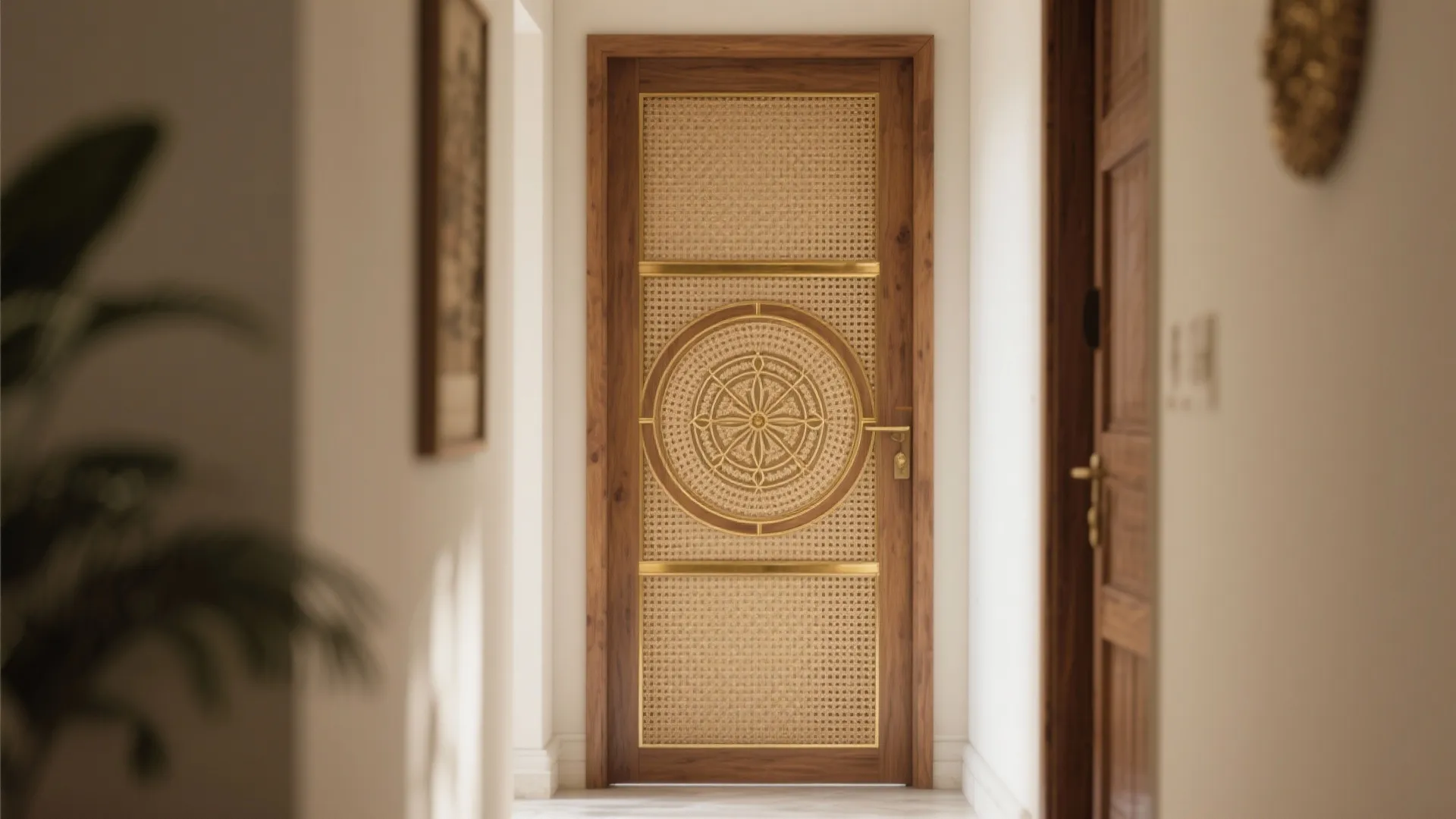 Wooden door with woven mesh panels and circular gold design standing in a white hallway
