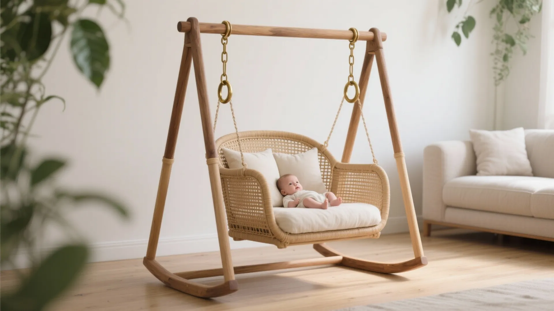 Baby lying in wooden swing chair with white cushions in a modern bright living room
