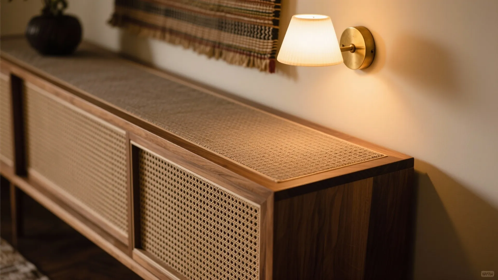 Close up of wooden cabinet with woven doors small wall light and textured wall hanging