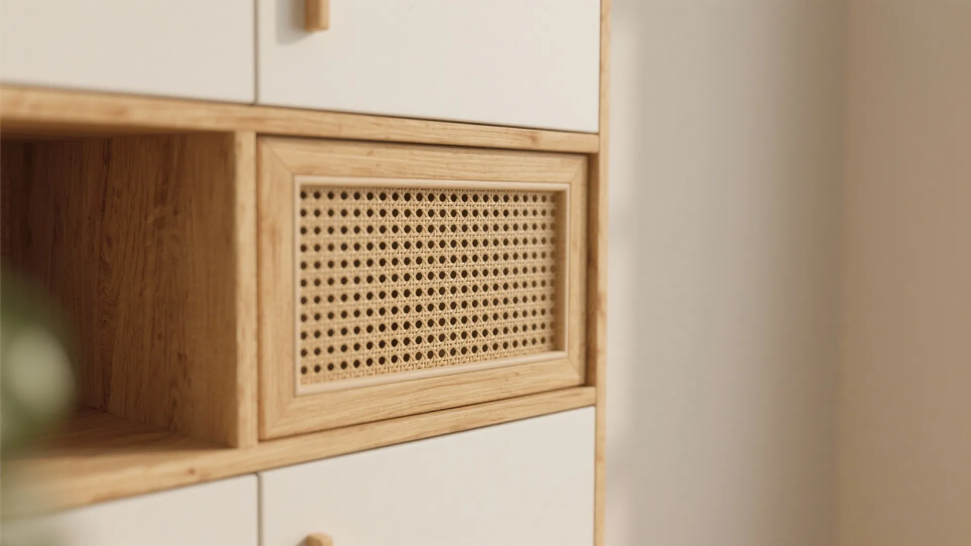 Close up of a wooden cabinet featuring a woven mesh door detail and white drawers