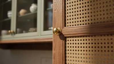 Warm Wood and Rattan Cabinet Design