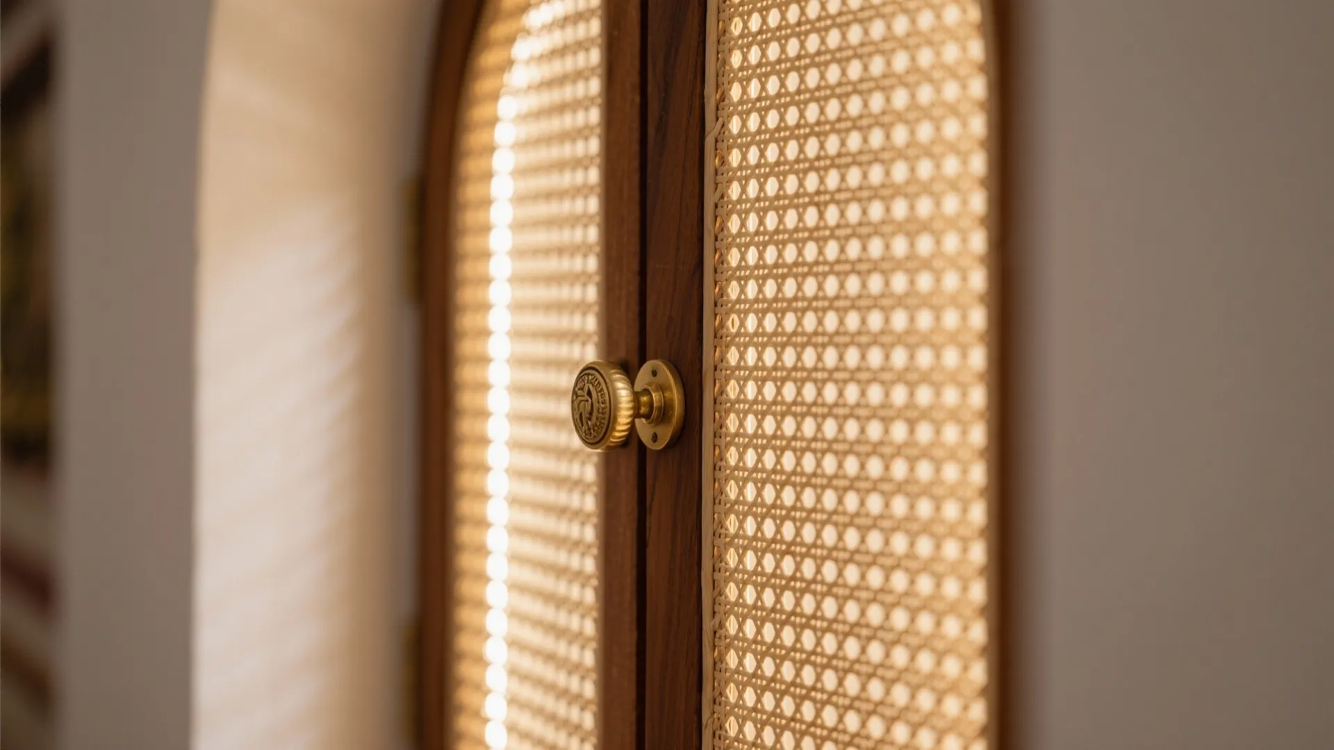 Close up of a wooden door with woven mesh details and a small round brass handle