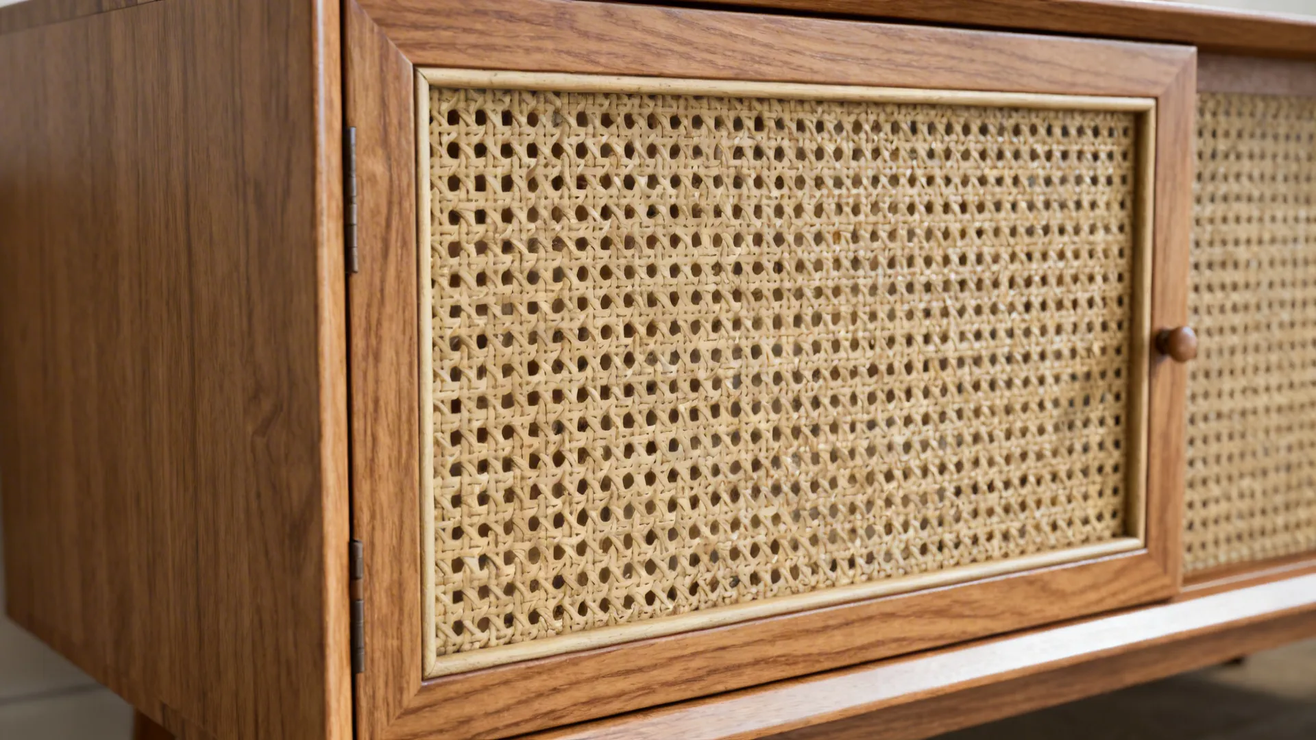 Close-up of rattan cane mesh set in an oak veneer frame with fine joinery.