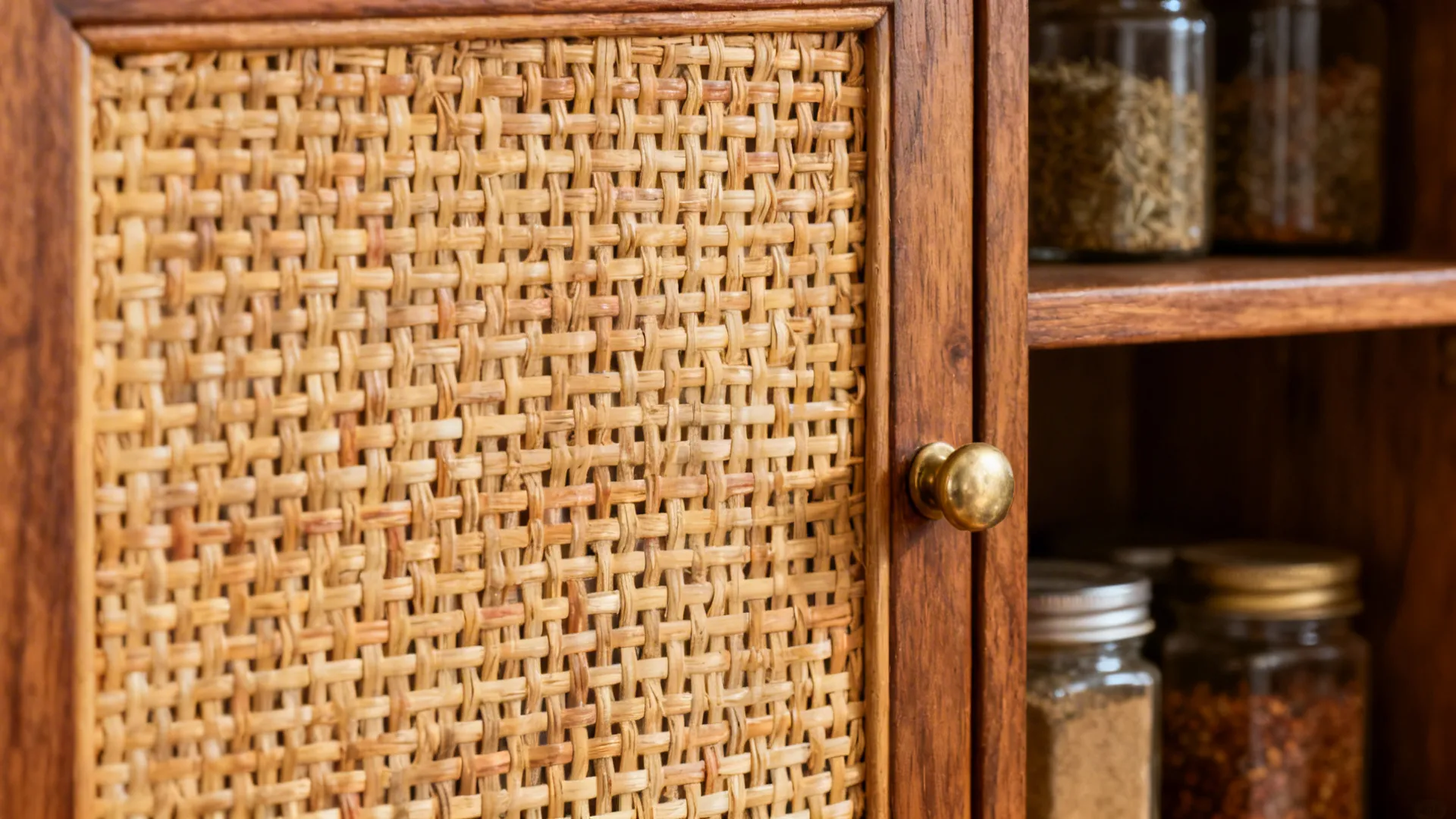 Close-up of woven cane panel in a teak cabinet door with brass knob.