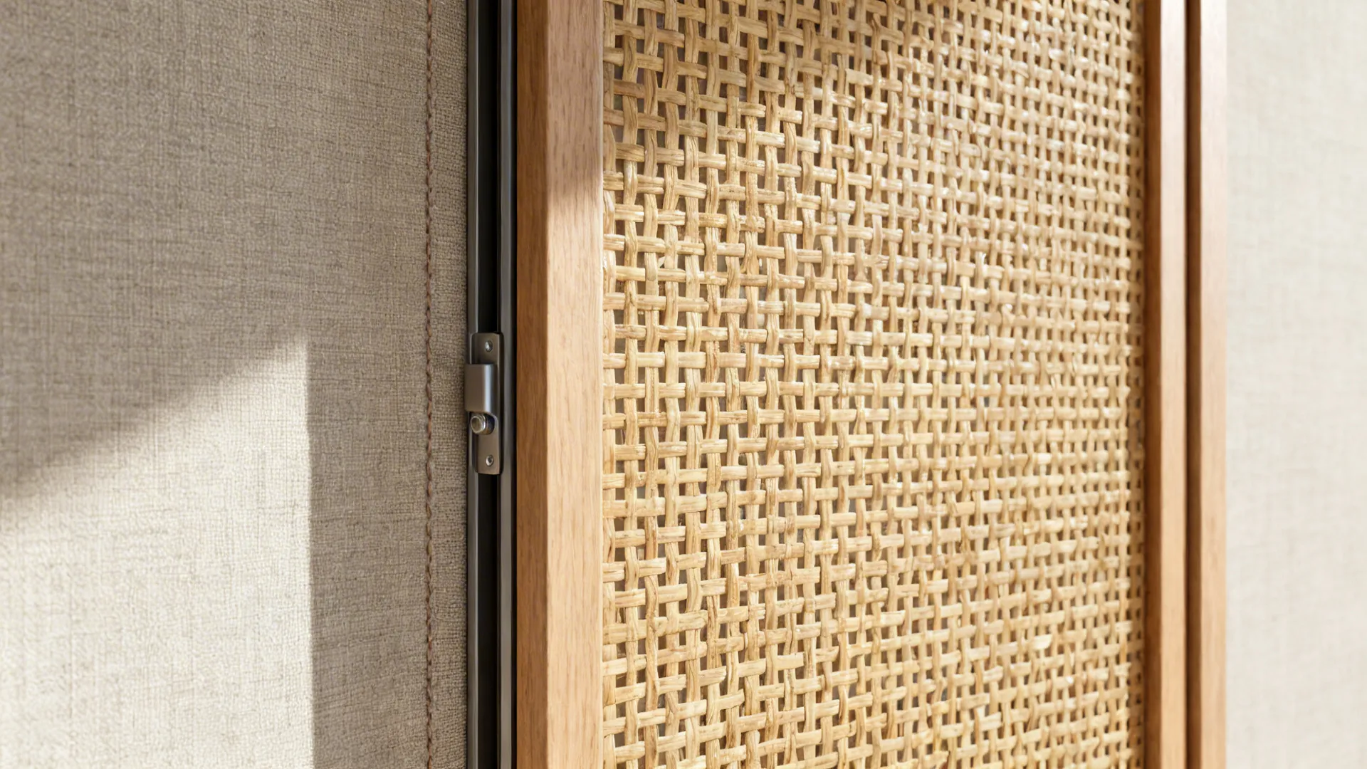 Macro of woven cane screen with fine texture beside a soft fabric panel edge.