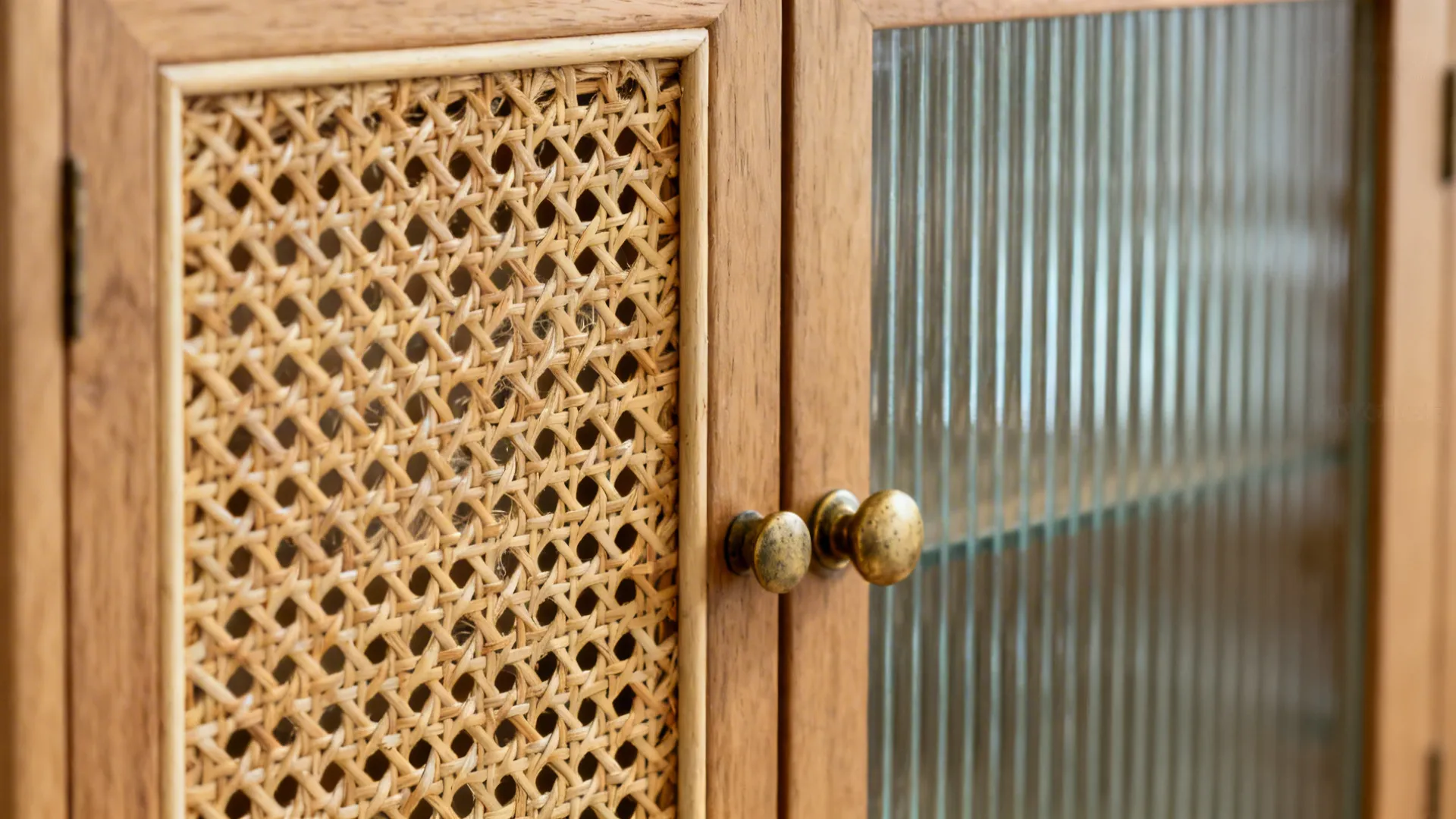Close up of a wooden cabinet door featuring woven rattan panel and vertical ribbed glass