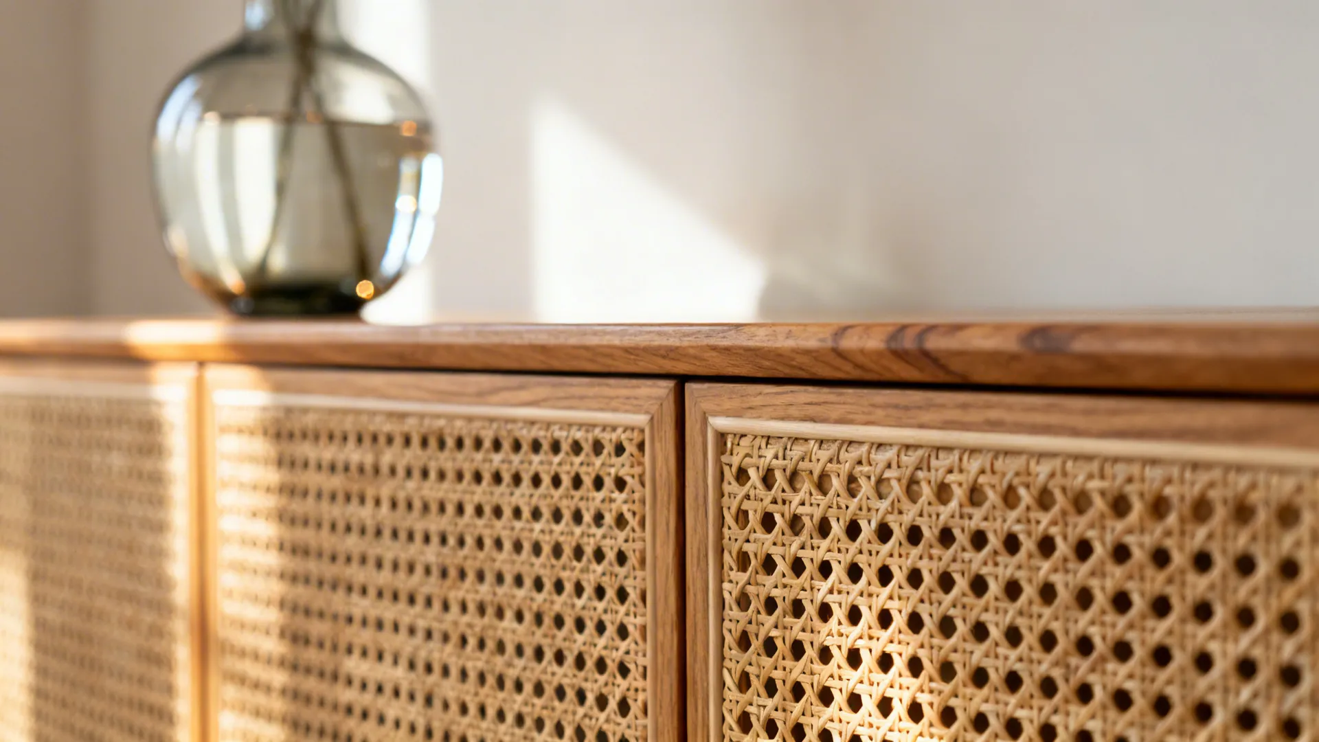 Close up view of wooden cabinet with woven rattan doors and glass vase on top
