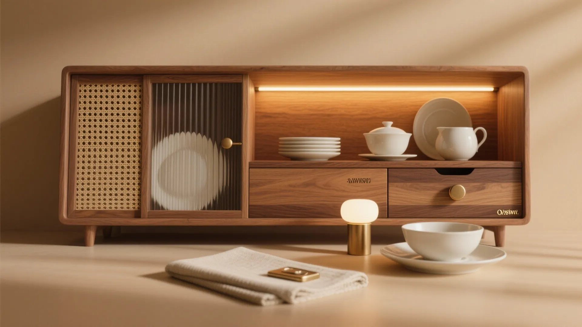 Light-and-material play: cane, wood, and soft LEDs