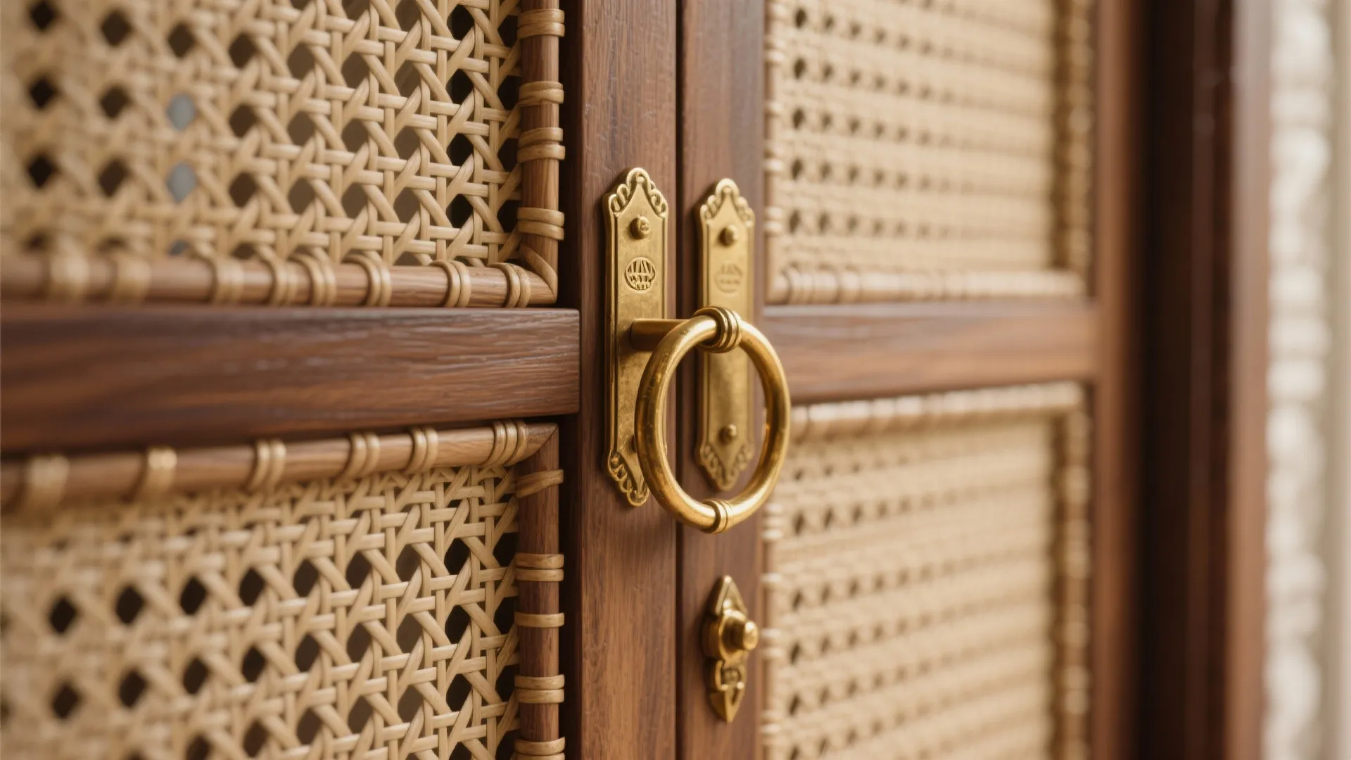 Rustic-Modern Wooden Mandir With Cane and Brass