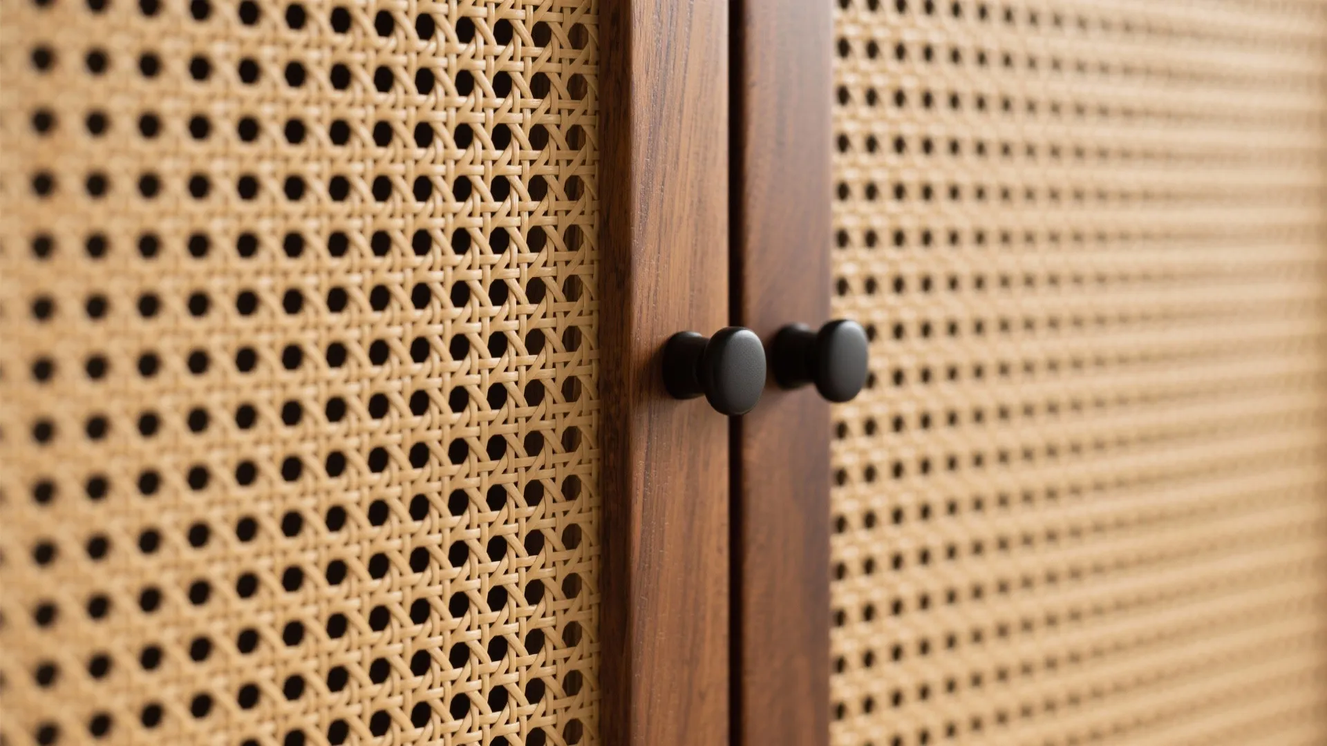 Close up of wooden cabinet doors with woven mesh patterns and small black round handles