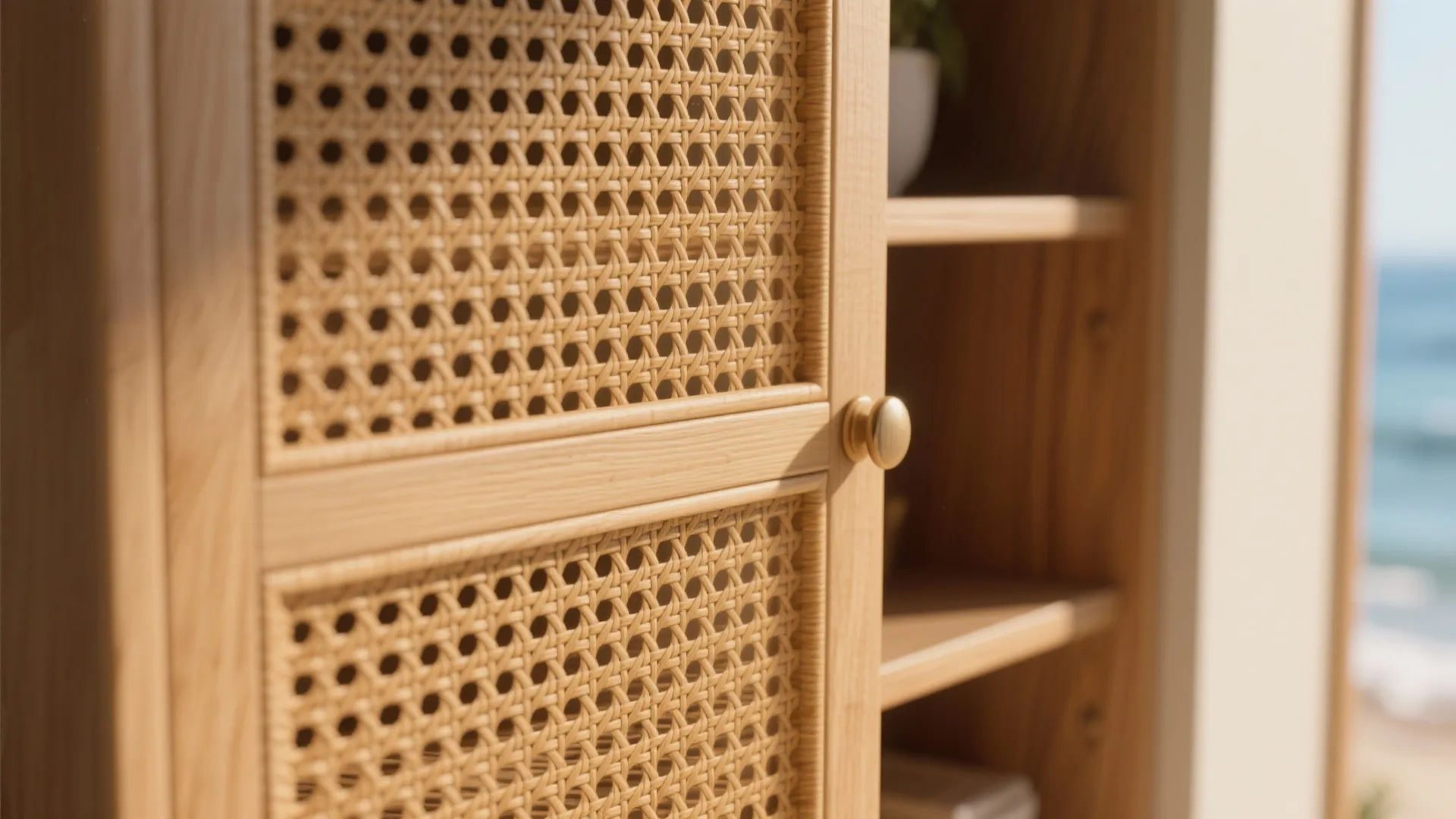 Built-in storage with breezy cane fronts