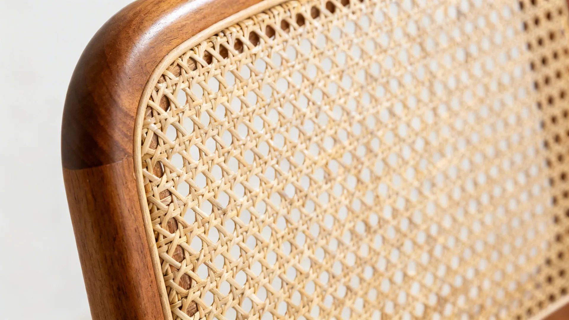 Close up view of a wooden chair frame with a light brown woven rattan backrest surface